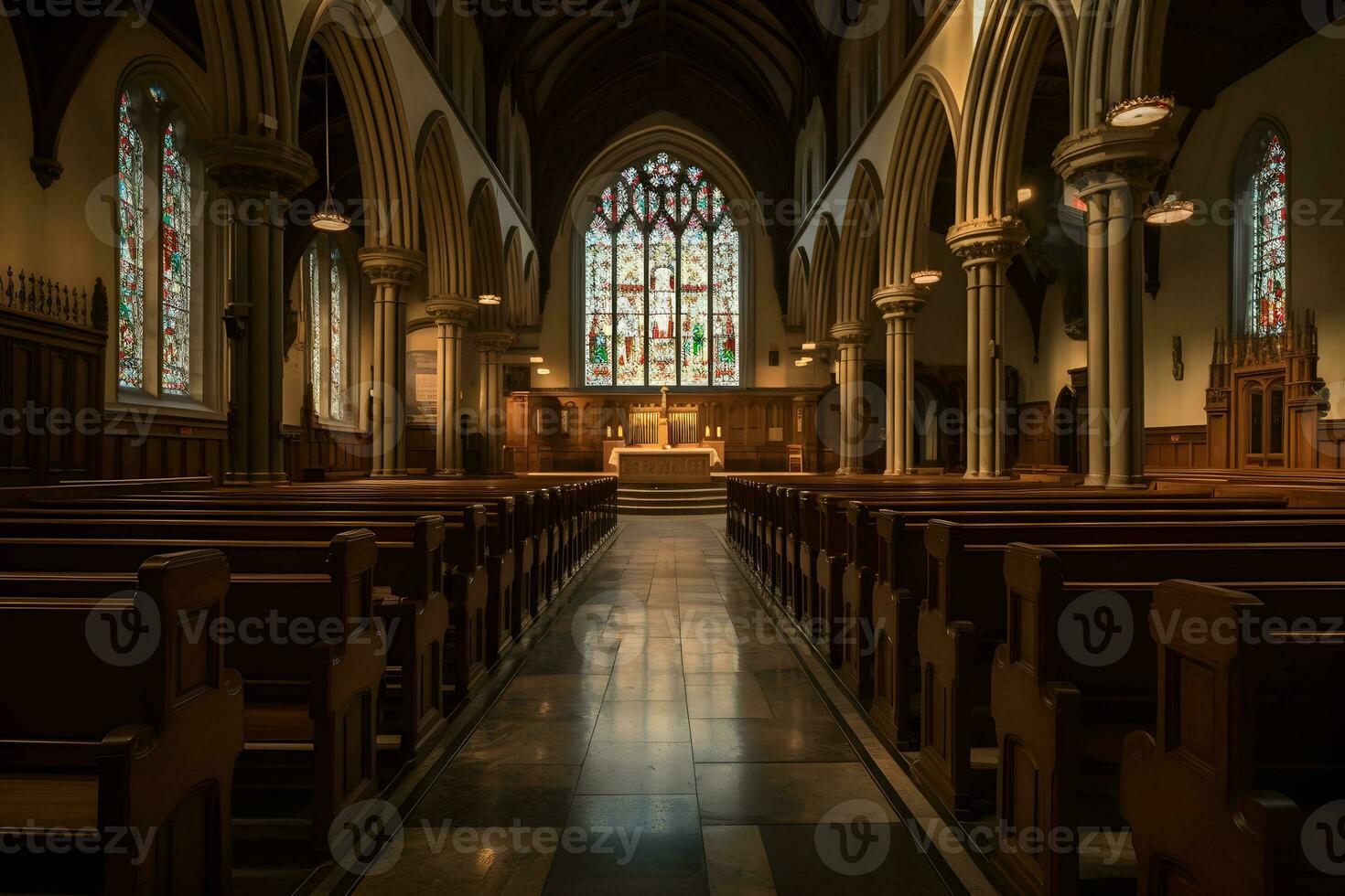 klassiek kerk interieur voorkant visie ,generatief ai foto