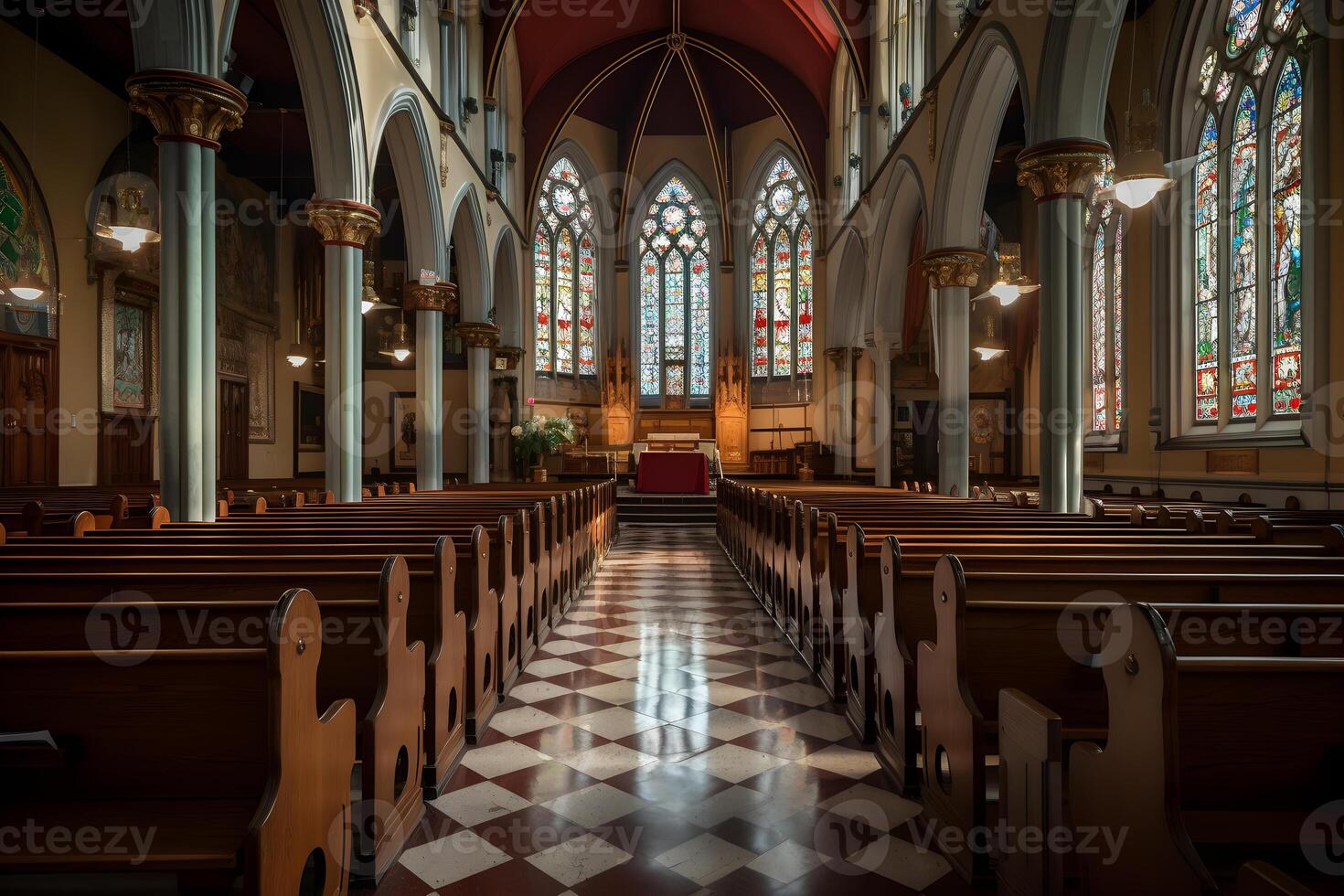 klassiek kerk interieur voorkant visie ,generatief ai foto