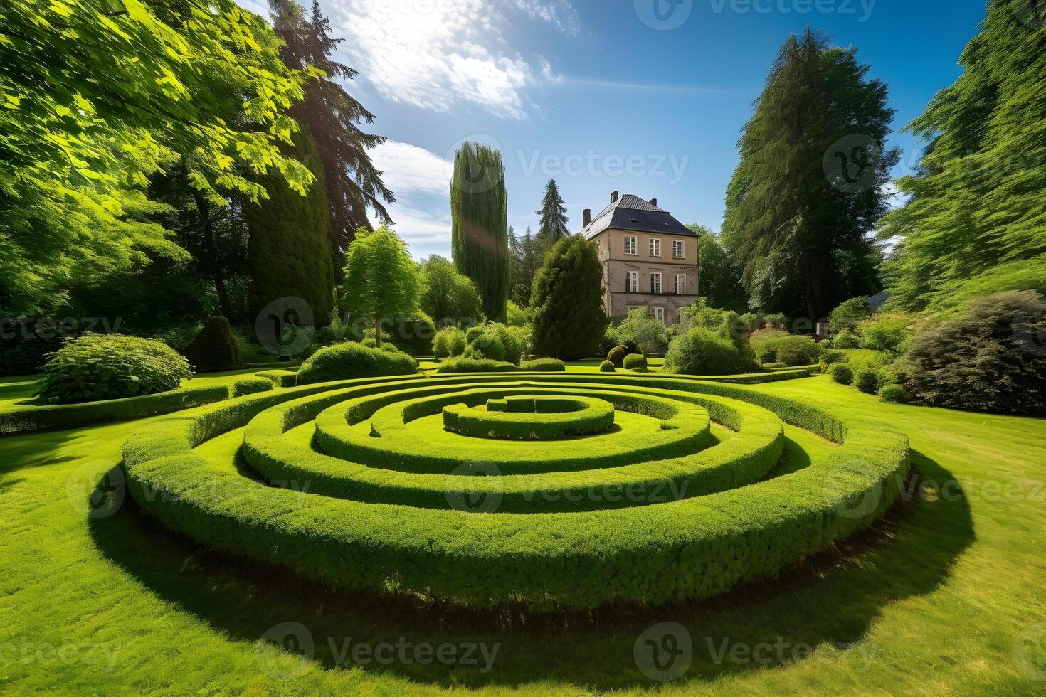 gemanicuurd land gazon omringd door bomen ,generatief ai foto