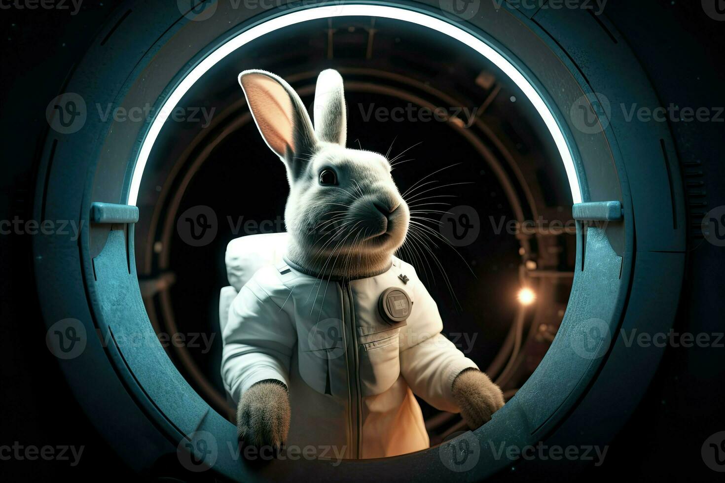 ai gegenereerd nieuwsgierig konijn in een ruimtepak hop door een portaal, klaar naar onderzoeken de kosmos. foto