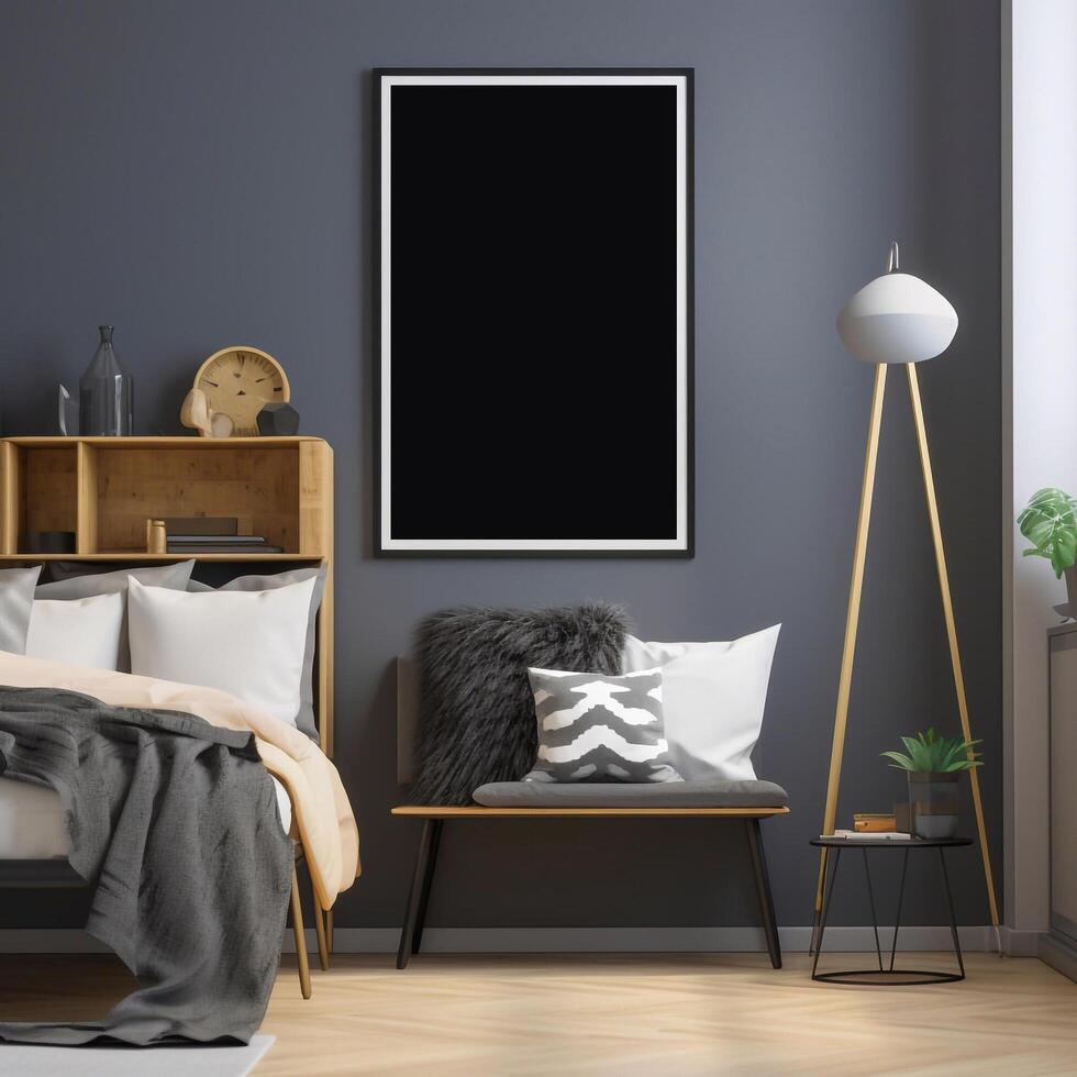 generatief ai.zwart kader in comfortabel slaapkamer interieur mockup leeg. foto