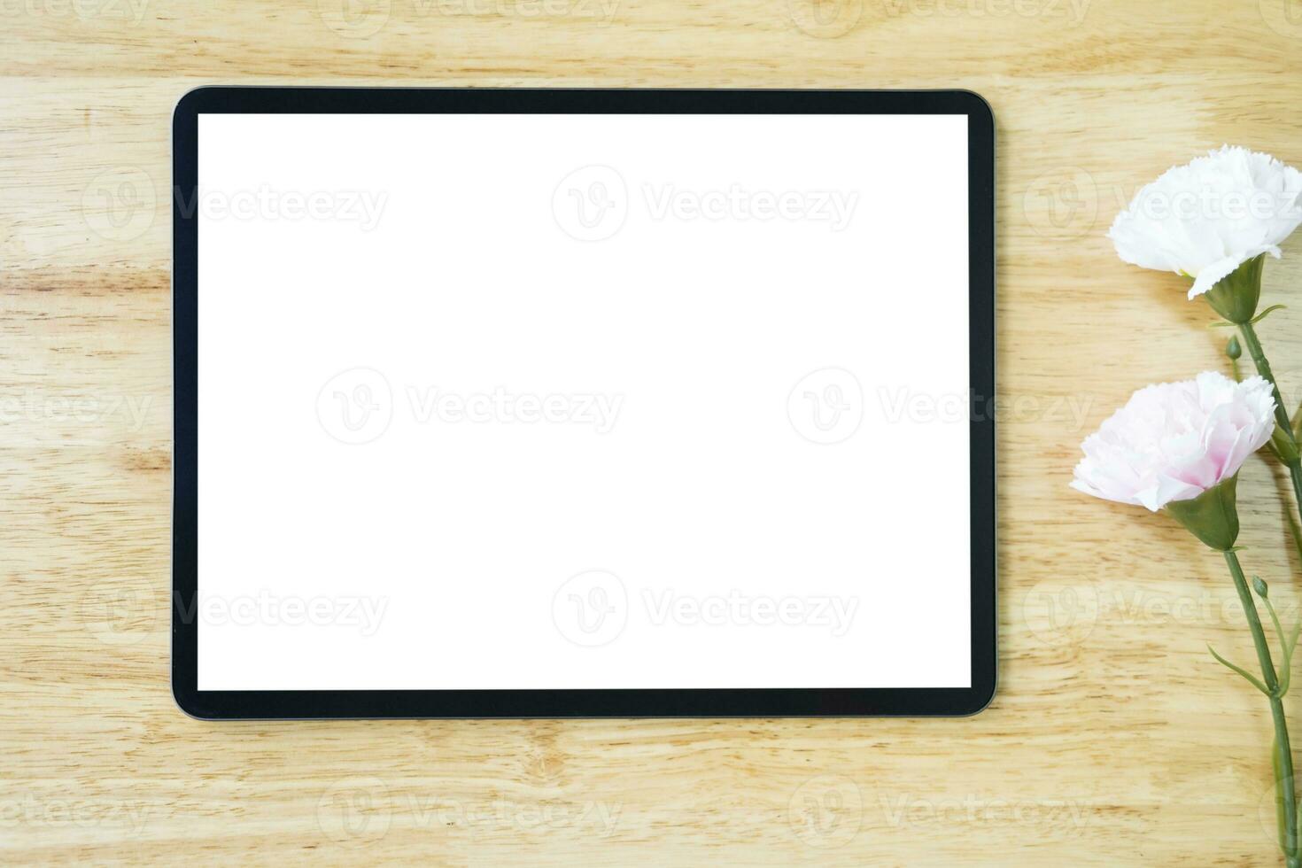 digitaal tablet mockup Aan kantoor werken tafel foto