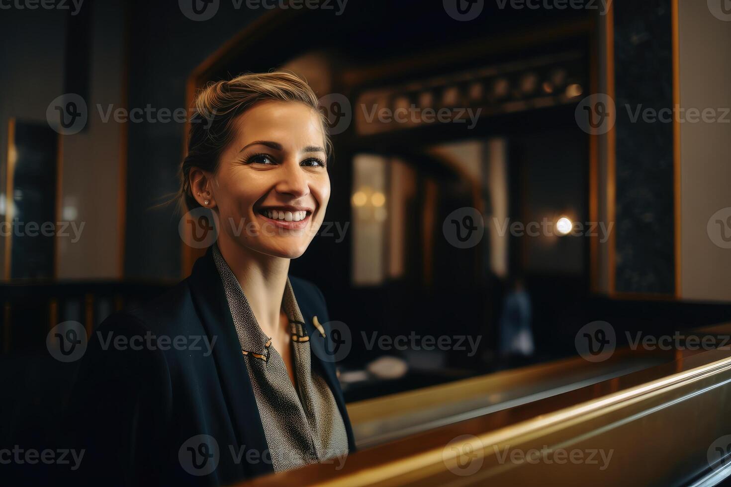 een vriendelijk vrouw Bij de ontvangst van een hotel gemaakt met generatief ai technologie. foto