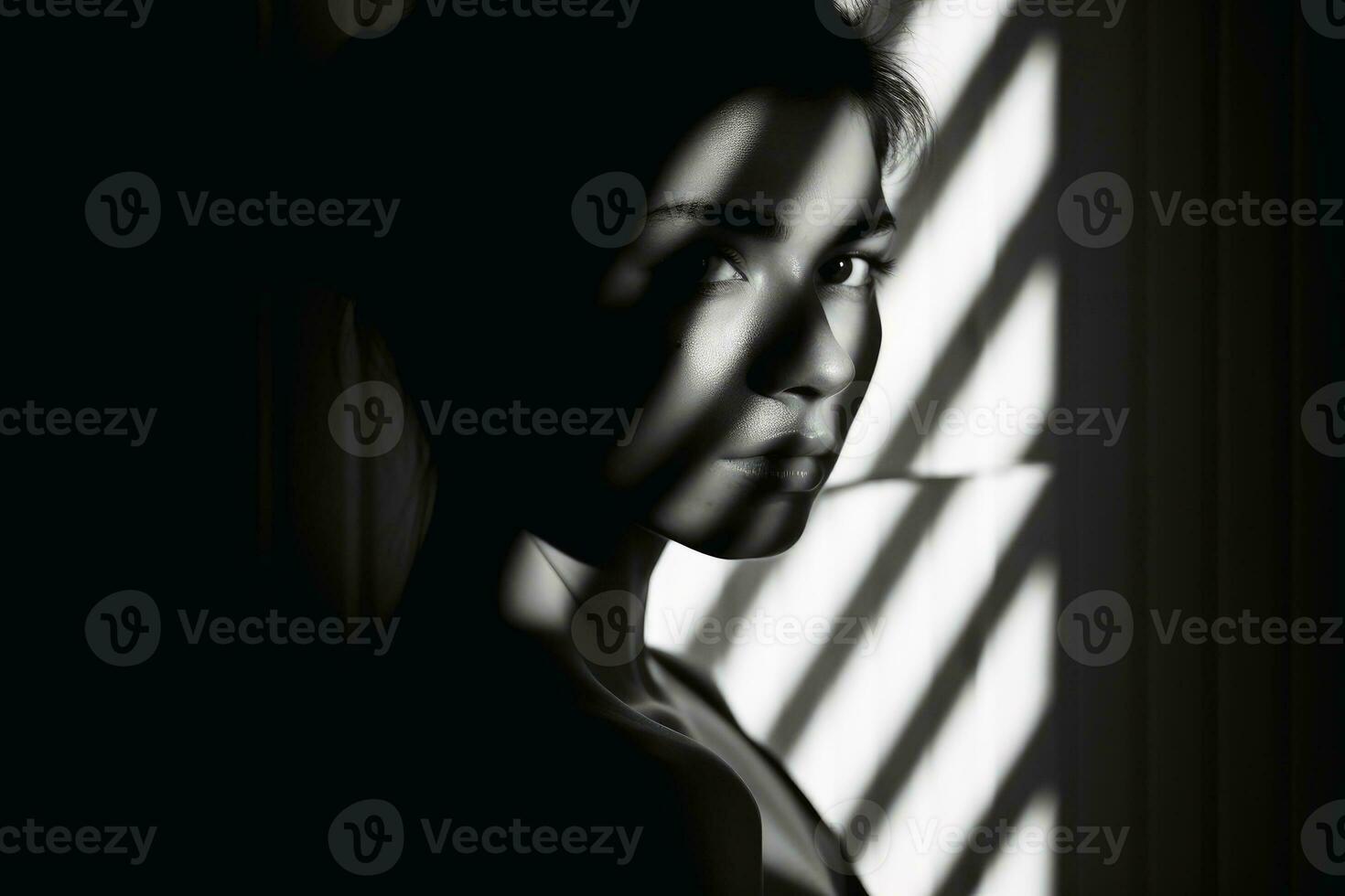 een vrouw in licht en schaduw in zwart en wit gemaakt met generatief ai technologie. foto