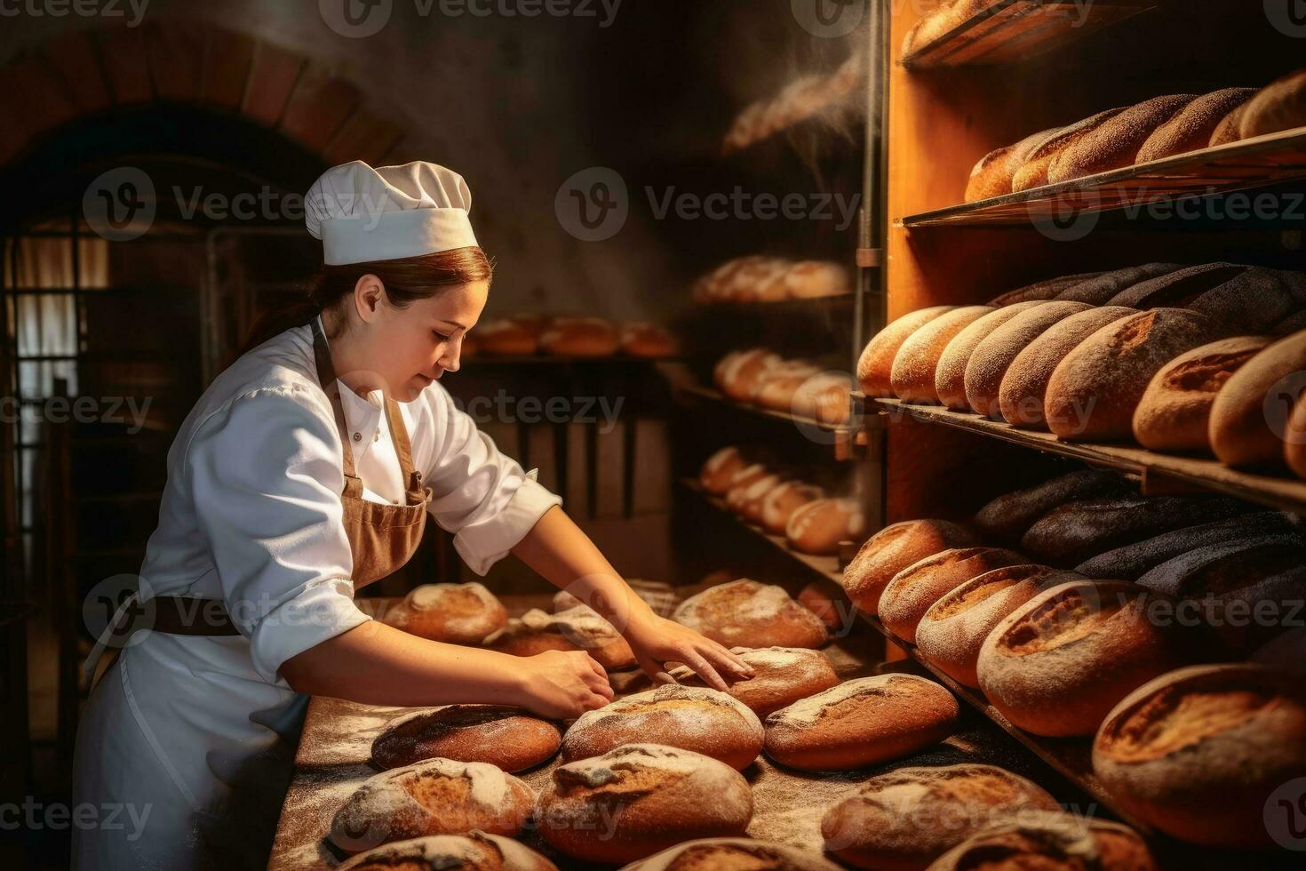 een bakker bakken brood in een bakkerij gemaakt met generatief ai technologie. foto