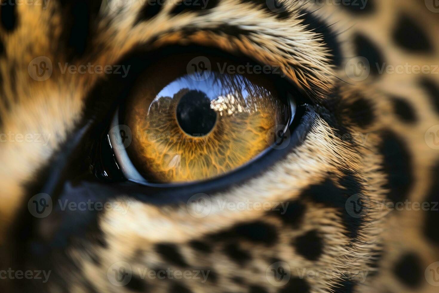 extreem dichtbij omhoog van een luipaarden oog gemaakt met generatief ai technologie. foto