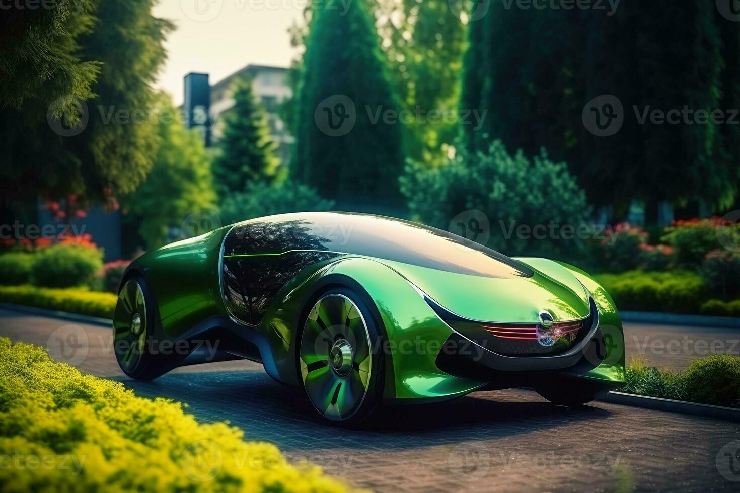 futuristische elektrisch auto in een groen stad gemaakt met generatief ai technologie. foto