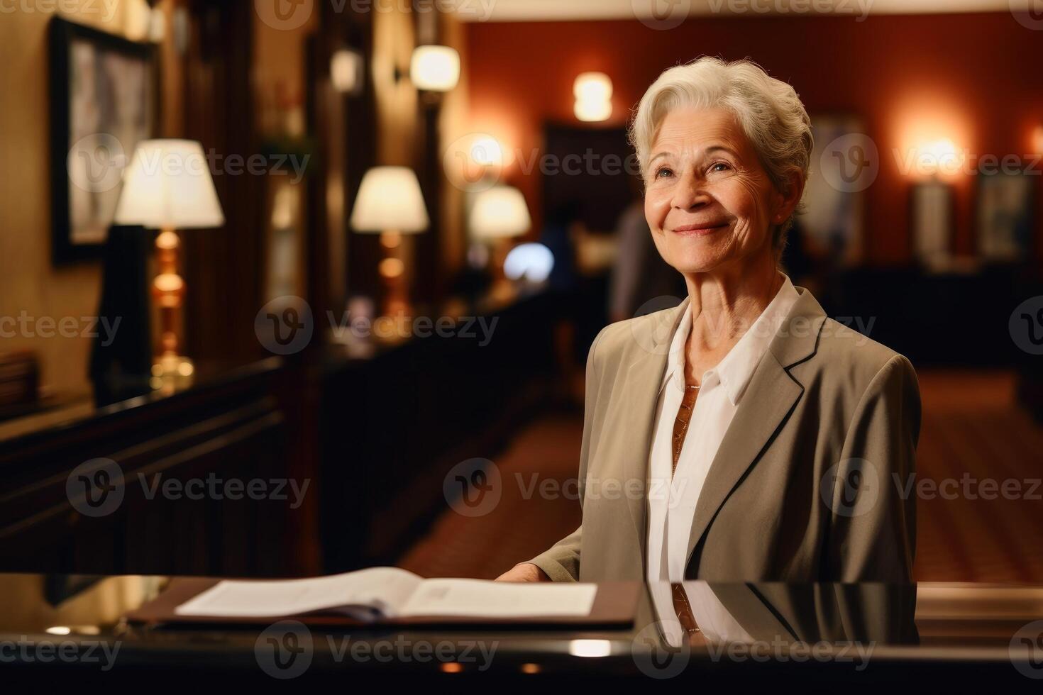 een vriendelijk vrouw Bij de ontvangst van een hotel gemaakt met generatief ai technologie. foto