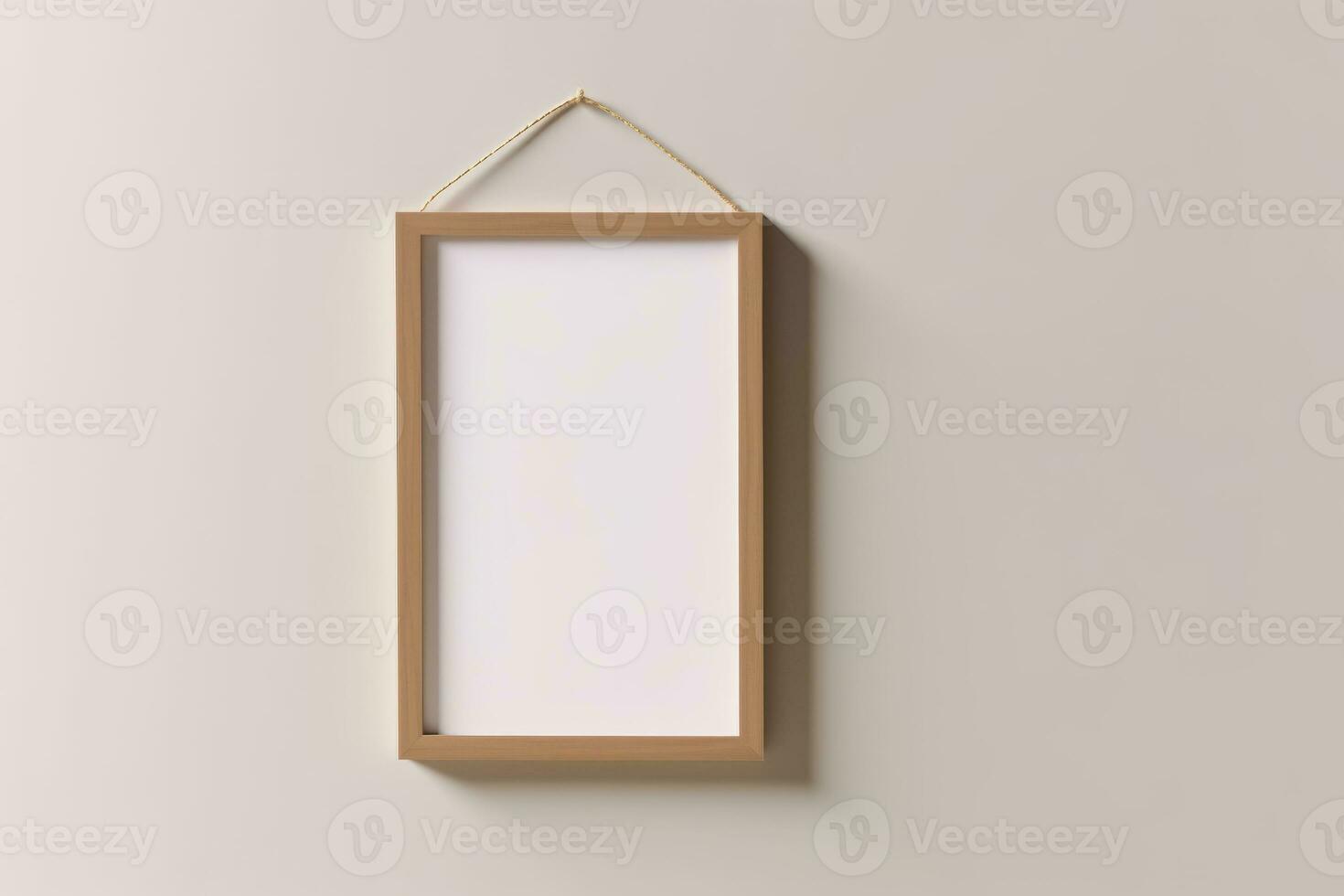 blanco houten afbeelding kader mockup hangende Aan muur leeg poster mockup voor kunst Scherm. voorkant visie met kopiëren ruimte ai gegenereerd foto