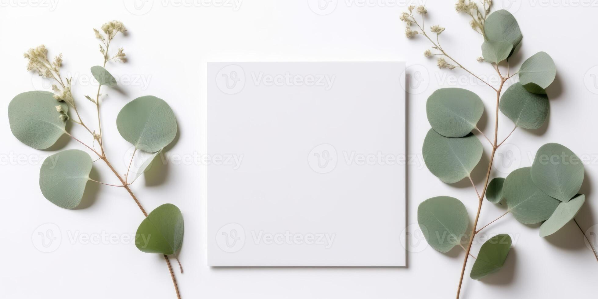 minimalistische groet kaart mockup met delicaat droog eucalyptus bladeren - top visie Aan een schoon wit achtergrond, ai gegenereerd foto