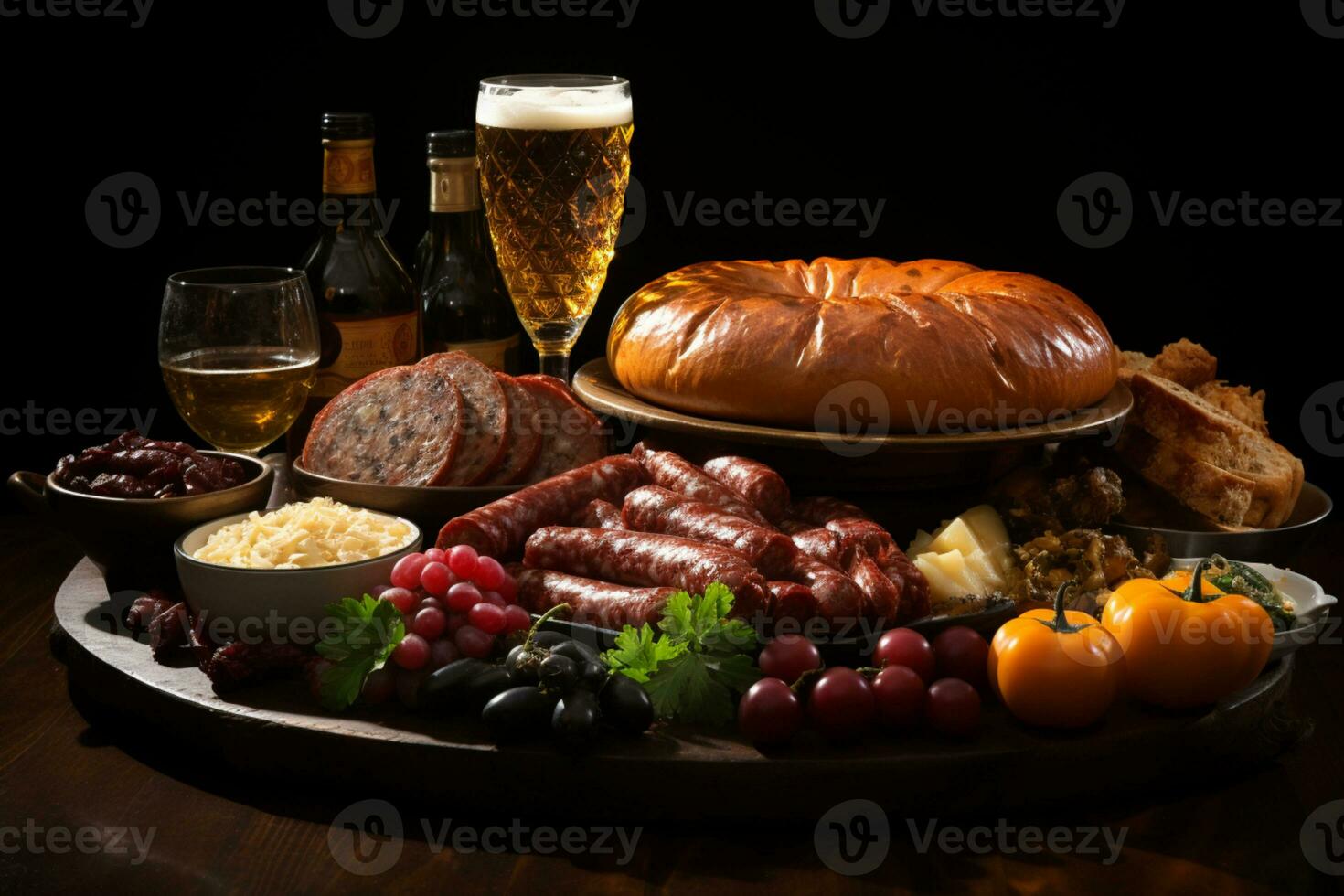 klassiek Duitse feest, pretzels, zuurkool, braadworst, en bier, weergegeven uitnodigend ai gegenereerd foto