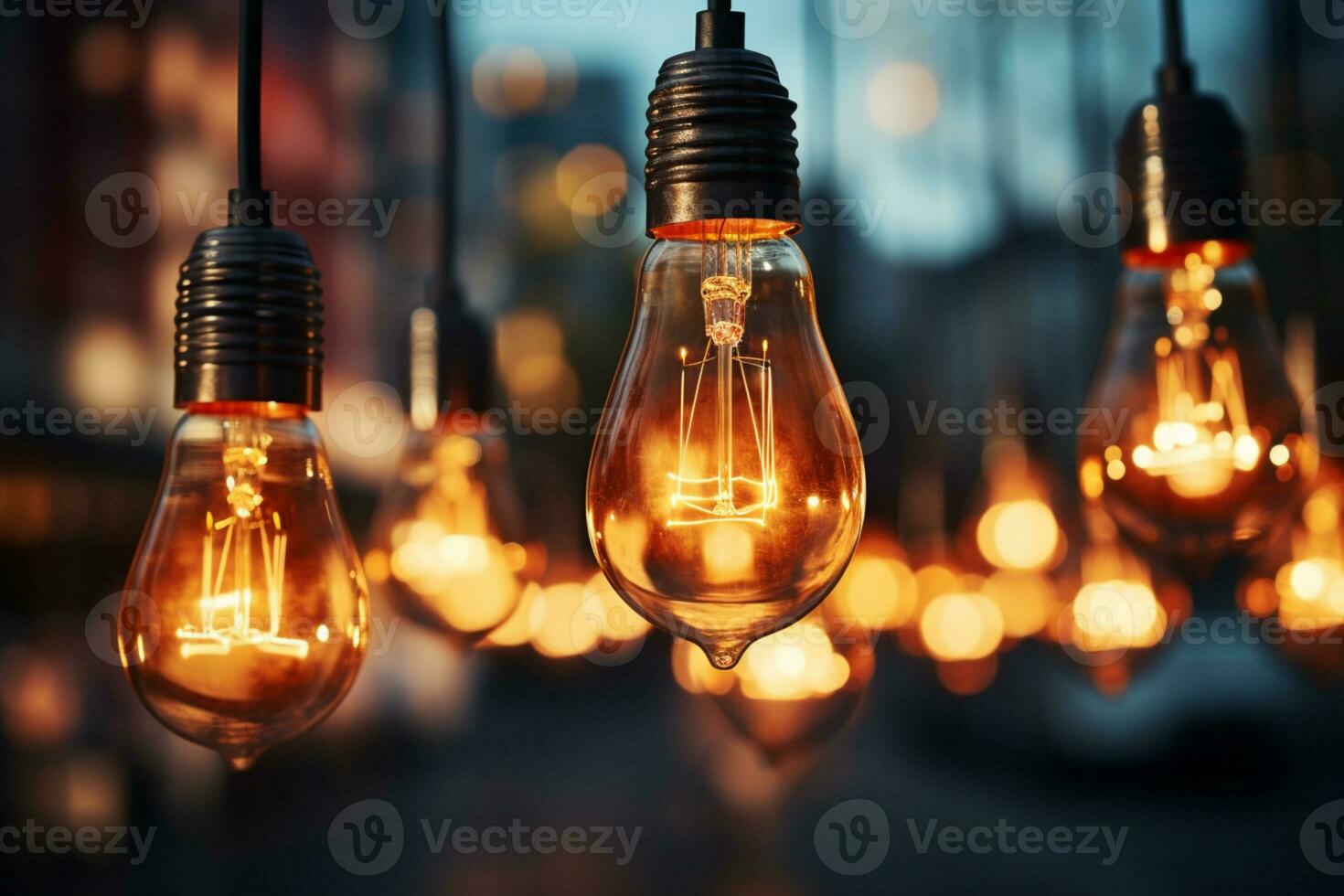lamp lichten hangende Aan een elektrisch post transformeren de nacht markt in een feestelijk wonderland ai gegenereerd foto
