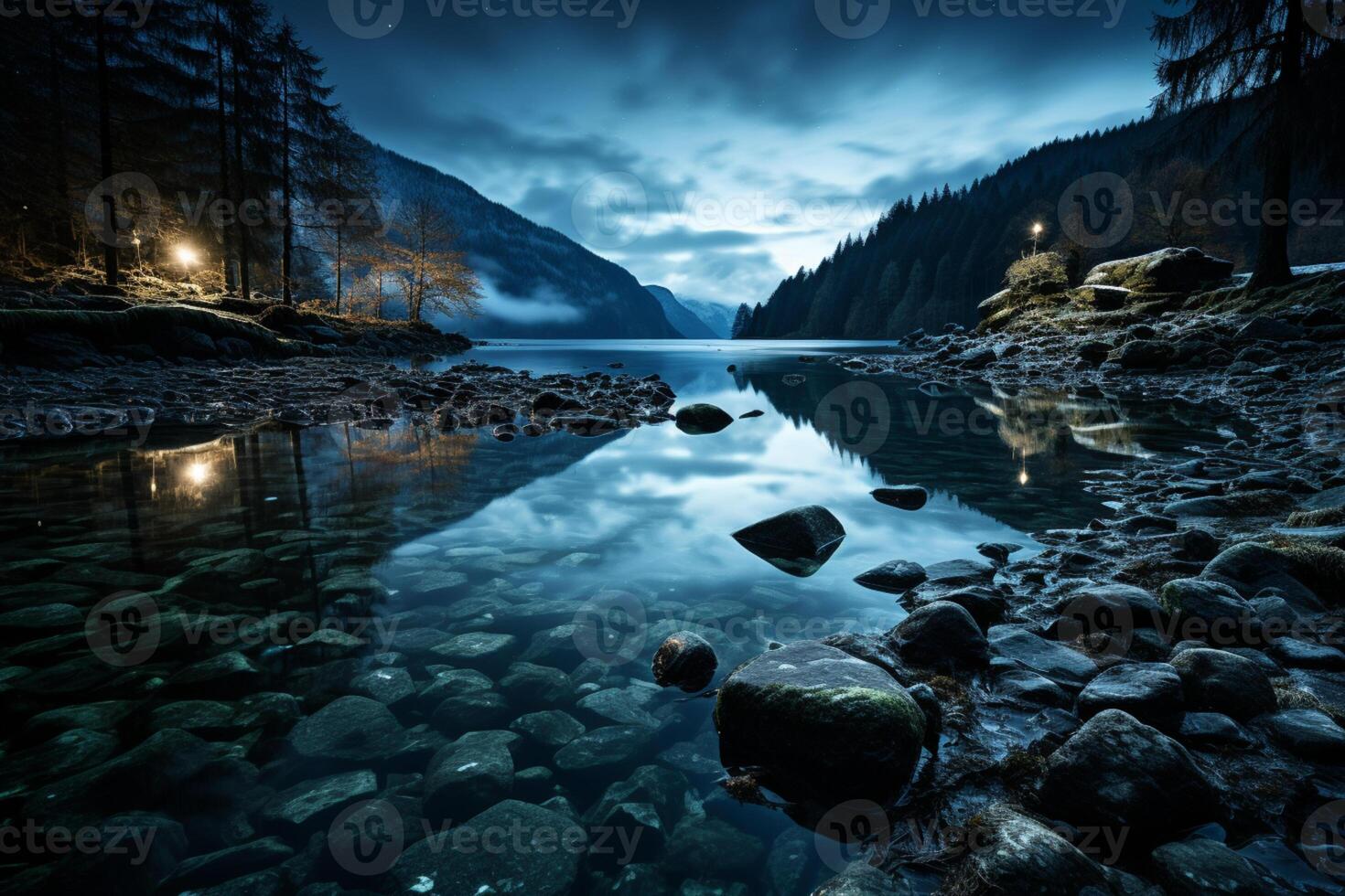 sereen meer Bij nacht, waar duisternis voldoet aan de enorm blauw horizon ai gegenereerd foto