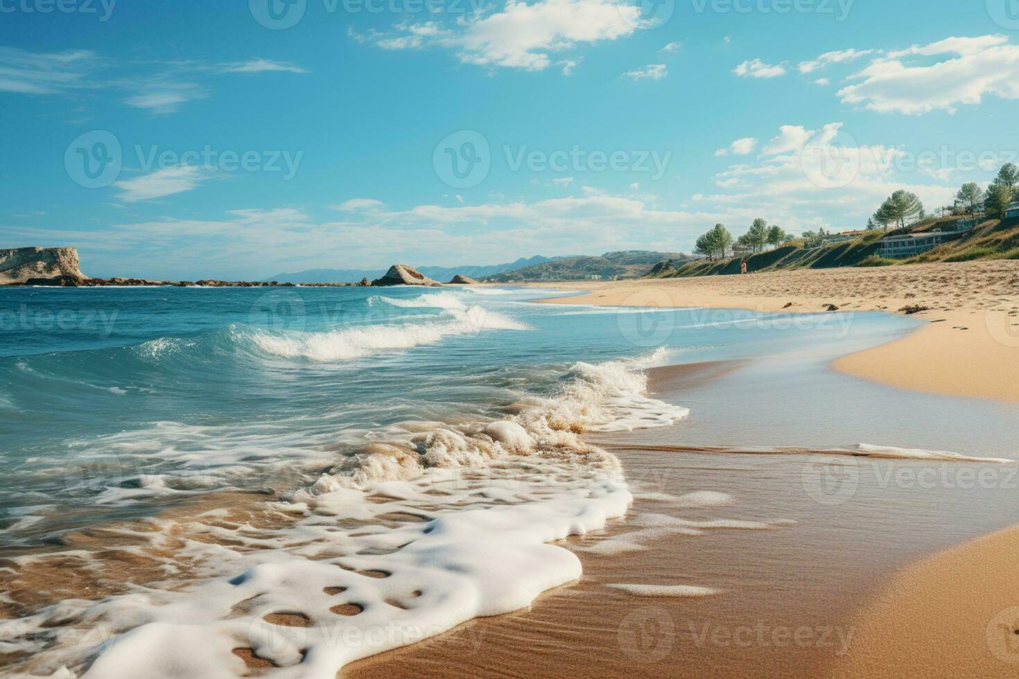 sereen zeegezicht, horizon, lucht, en rustig strand in een panoramisch visie ai gegenereerd foto