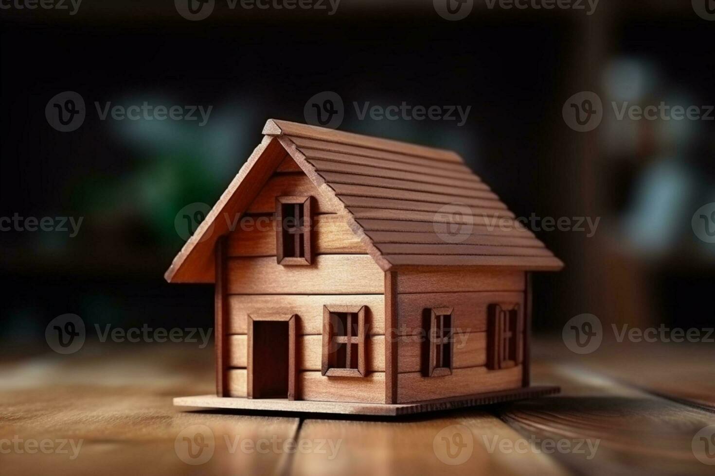 houten huis model- Aan hout achtergrond vertegenwoordigen bouw en ecologie ai gegenereerd foto