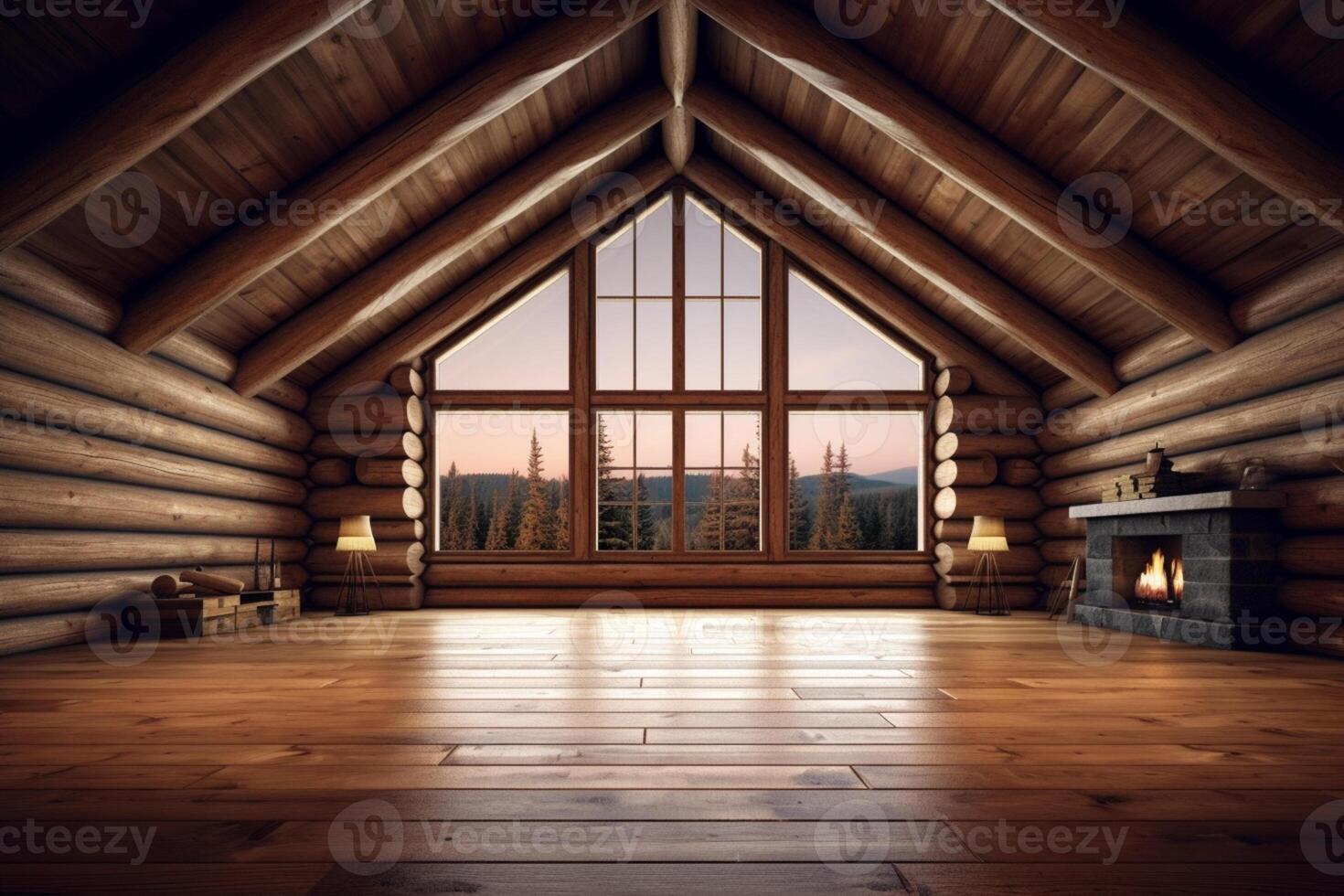 sereen log cabine interieur backdrop versierd met een huis model, 3d weergegeven ai gegenereerd foto