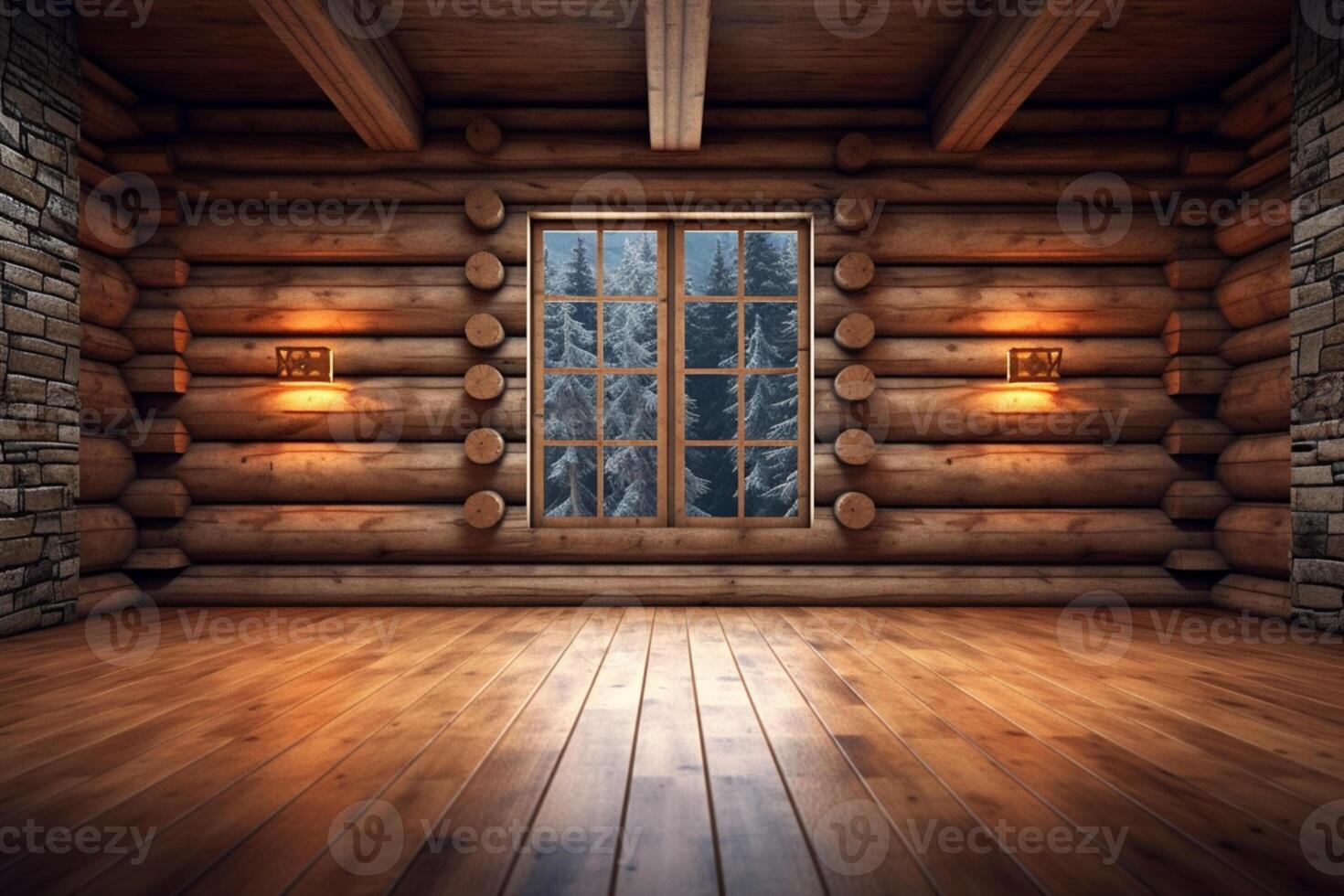 sereen log cabine interieur backdrop versierd met een huis model, 3d weergegeven ai gegenereerd foto