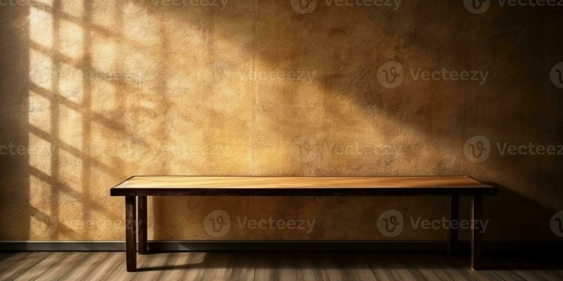 houten tafel en zon licht zwart muur kopiëren ruimte achtergrond, ai gegenereerd foto