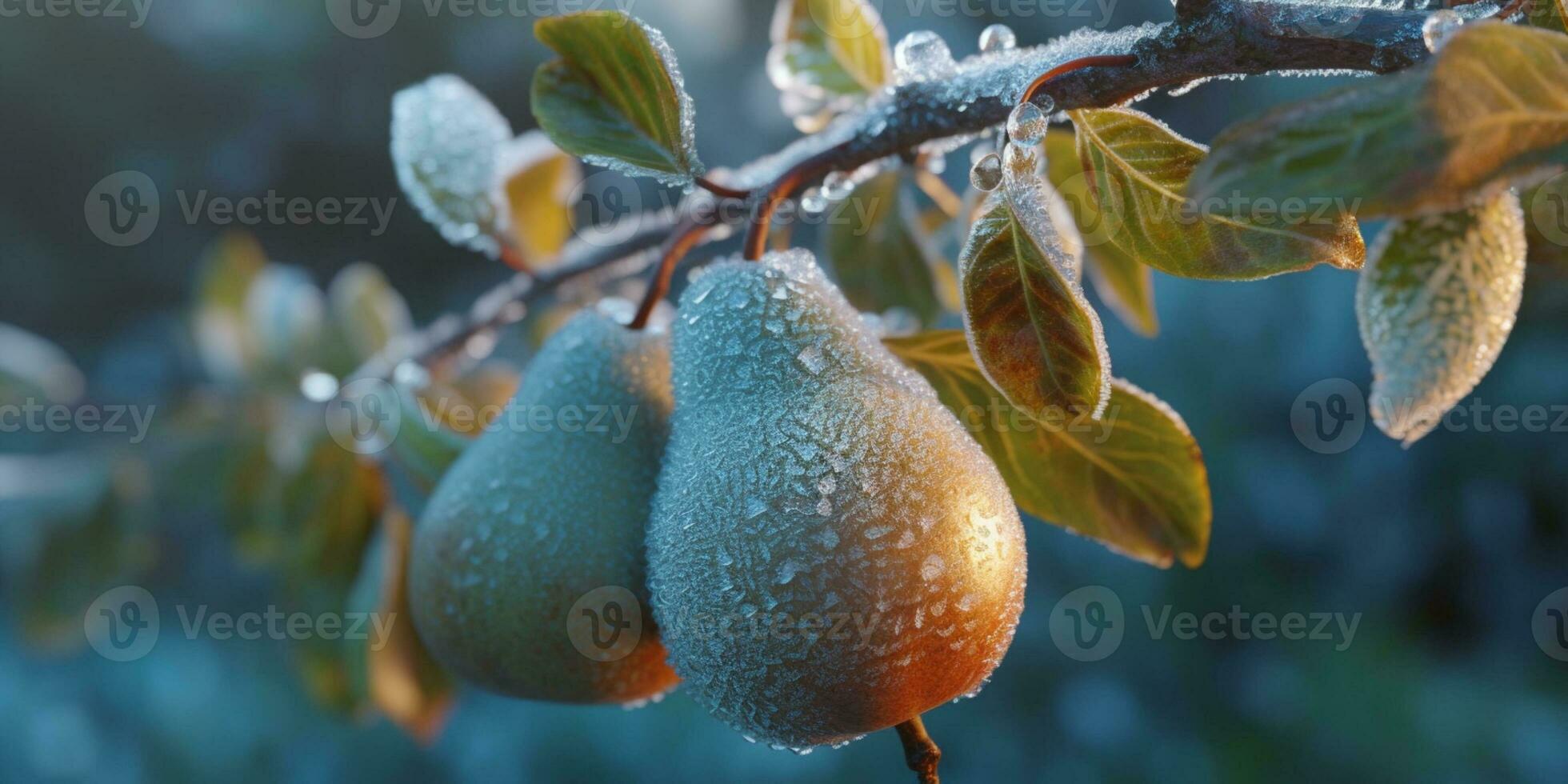 ijs storm bomen en Peer fruit bevriezen in winter, ai gegenereerd foto