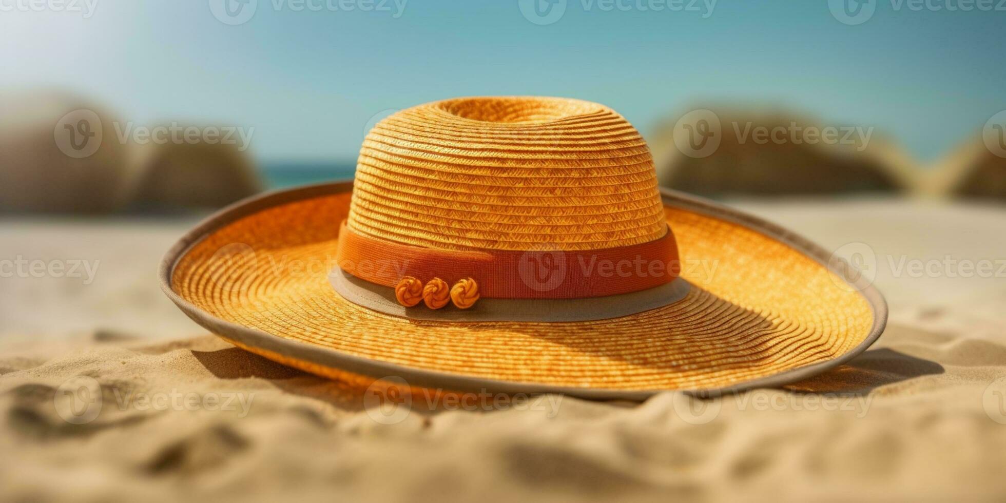 rietje hoed Aan strand zand vakantie achtergrond. ai gegenereerd foto