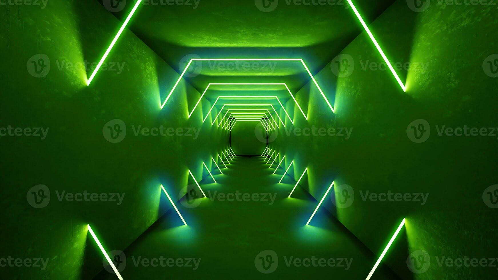 nacht club interieur groen lichten 3d geven voor laser show. gloeiend groen lijnen. abstract fluorescerend groen achtergrond. groen neon kamer gang achtergrond. licht abstract futuristische ontwerp. foto