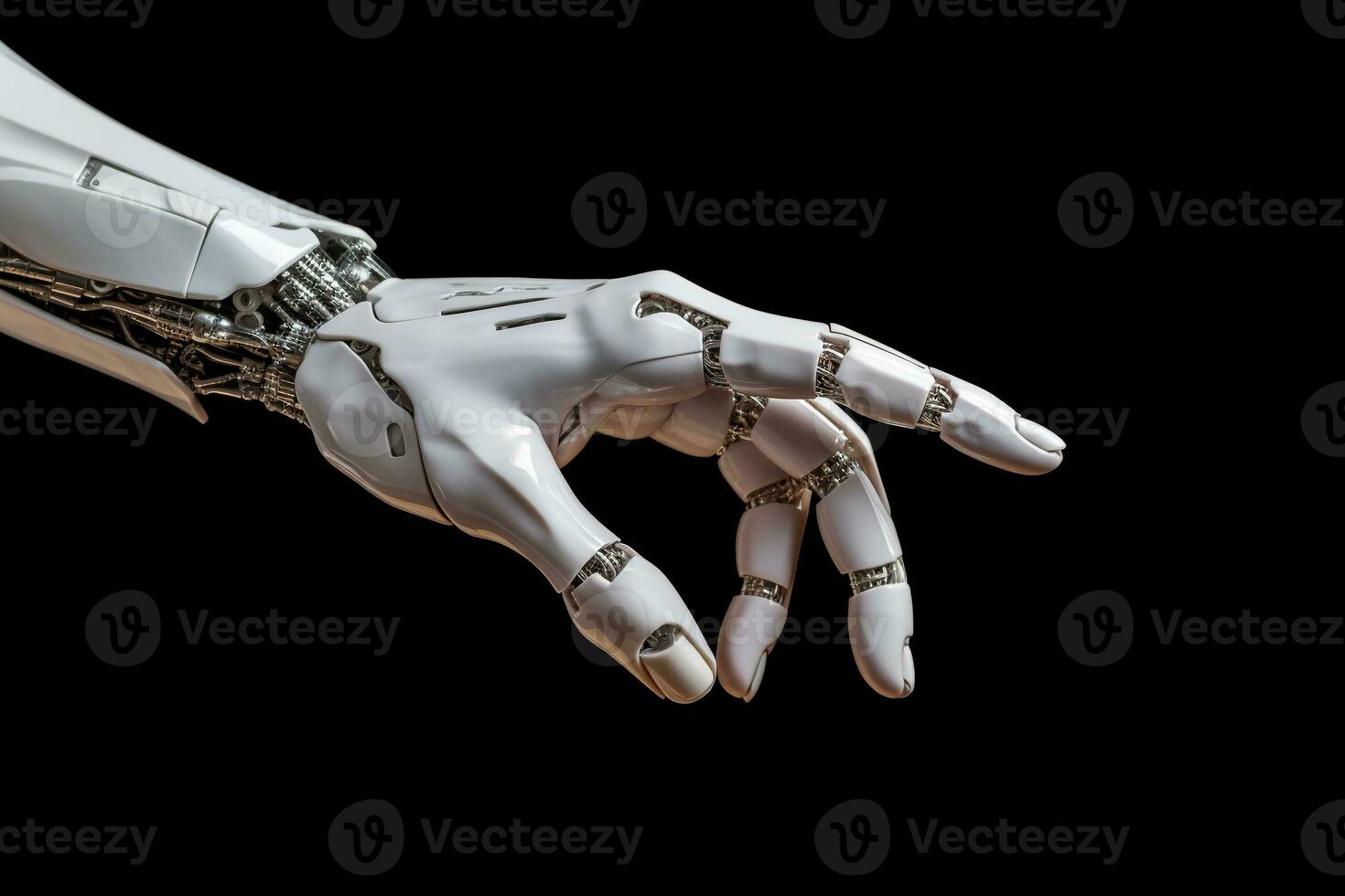 hand- van wit cyborg robot wijzend. generatief ai foto