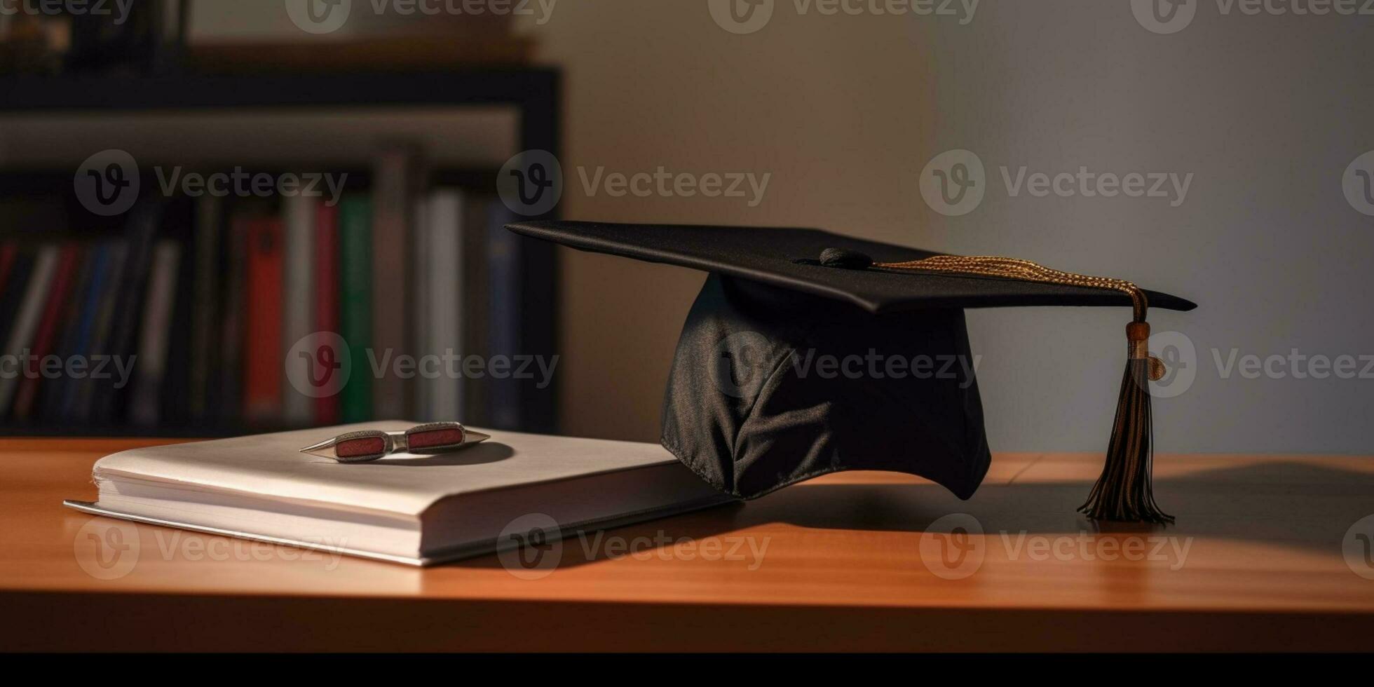 Universiteit diploma uitreiking pet en boek achtergrond, ai gegenereerd foto