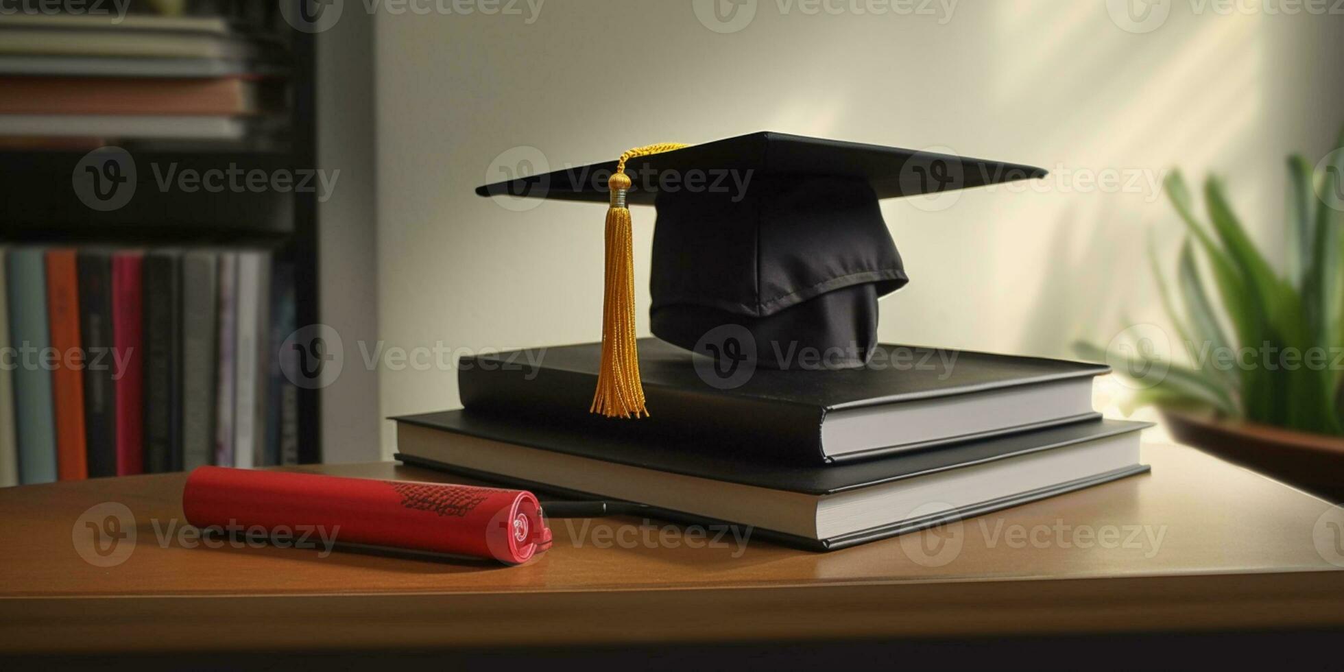 Universiteit diploma uitreiking pet en boek achtergrond ai gegenereerd foto