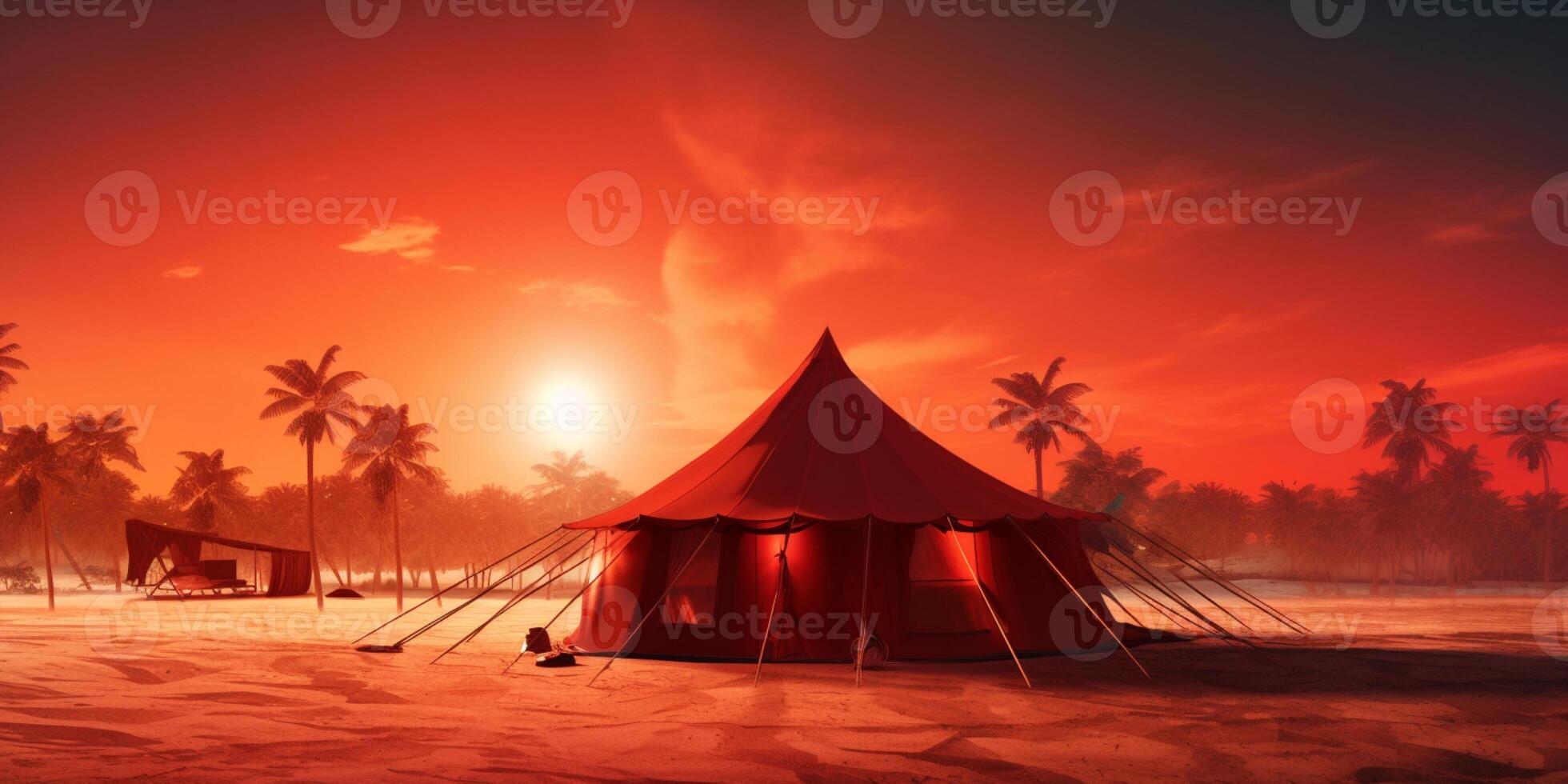 kamp tent Aan strand zand vakantie zonsondergang achtergrond. ai gegenereerd foto