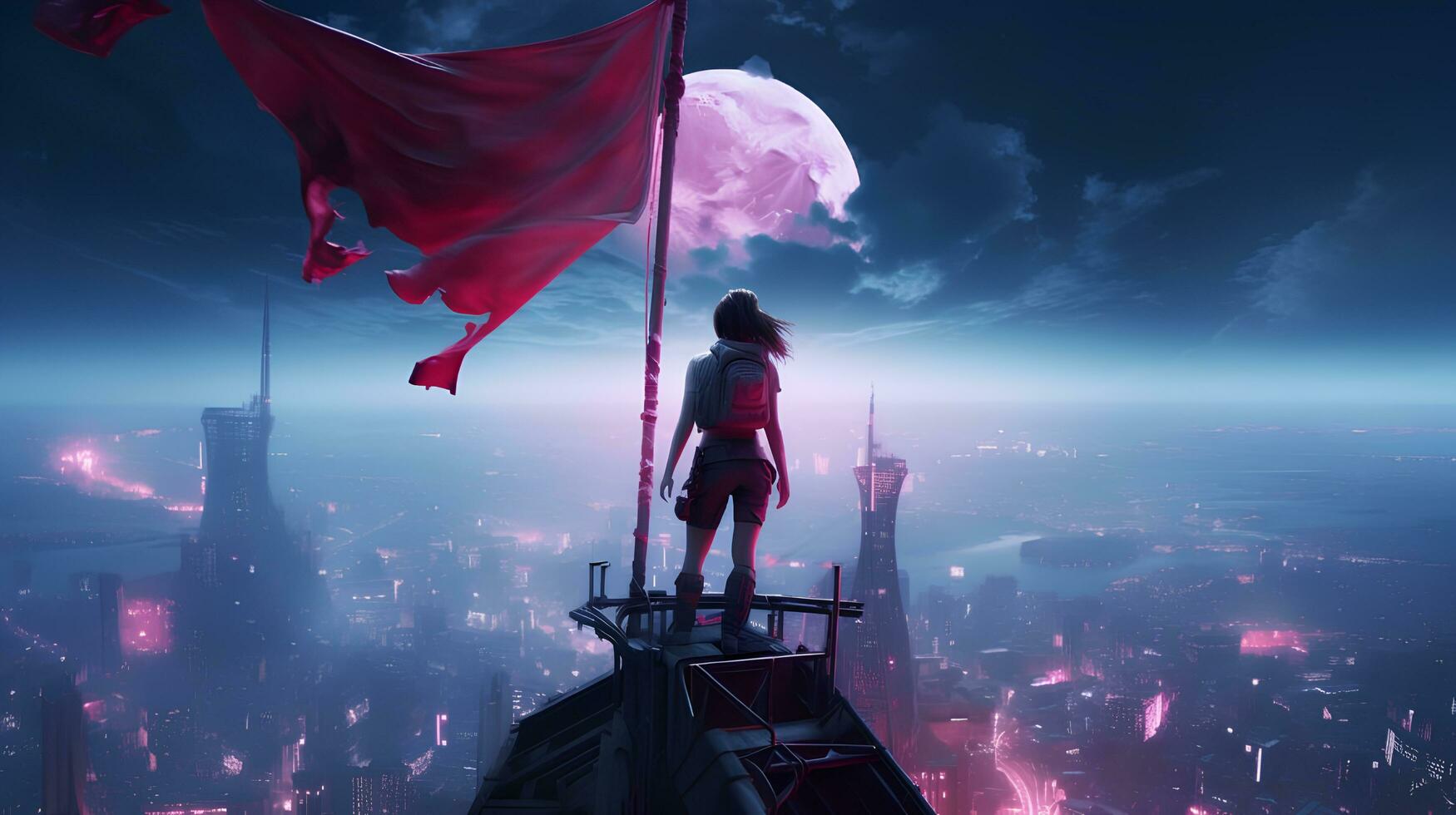een vrouw staand Aan een toren met een vlag. generatief ai foto