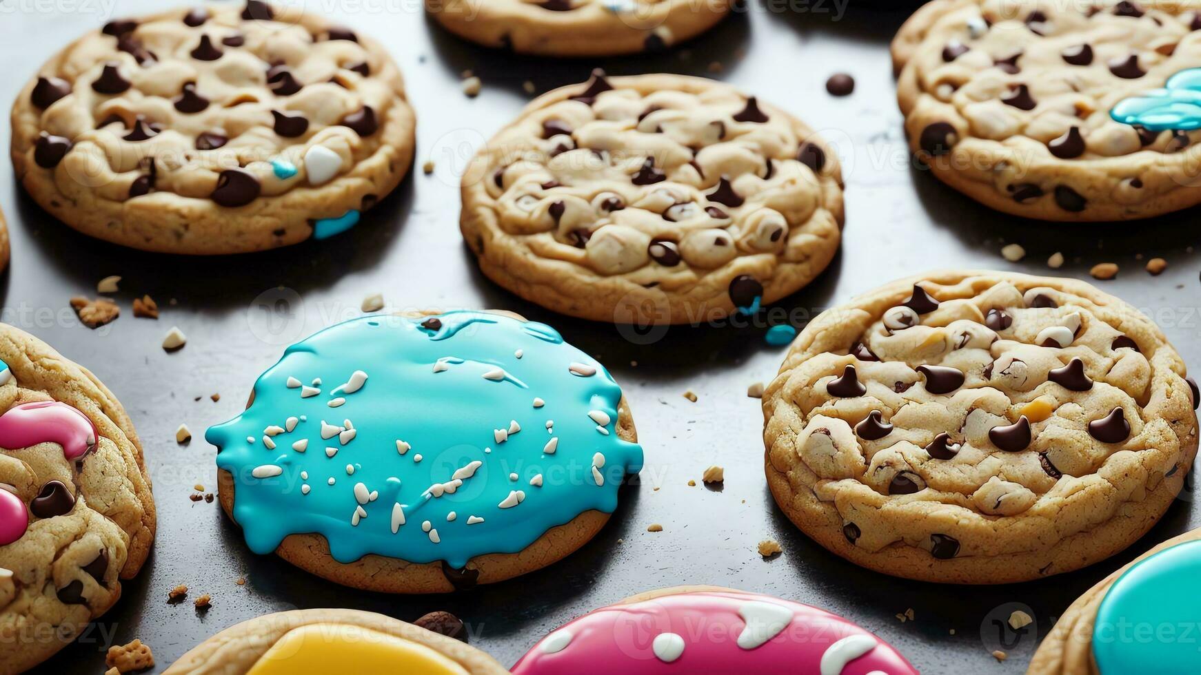 zoet geneugten een levendig koekje themed oven handschoen voor nationaal chocola spaander koekje dag. ai gegenereerd. foto