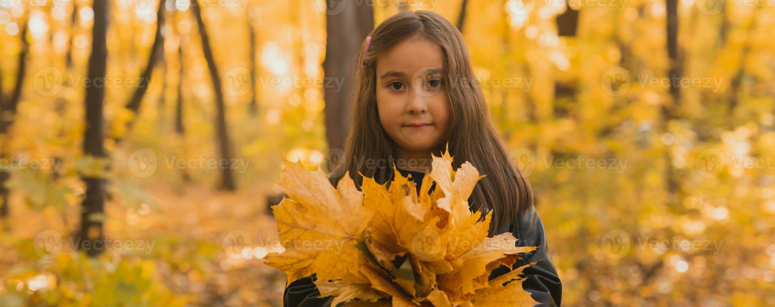 banier herfst portret van schattig weinig Aziatisch meisje kopiëren ruimte. kinderen, vallen en seizoen concept. foto
