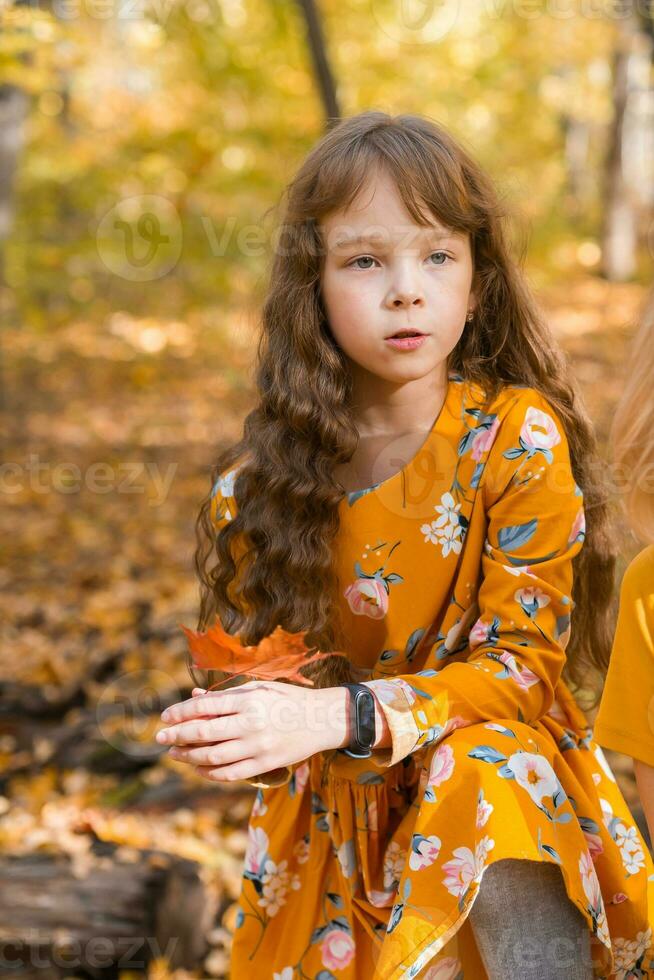 weinig kind meisje met herfst oranje bladeren in een park. levensstijl, vallen seizoen en kinderen concept. foto