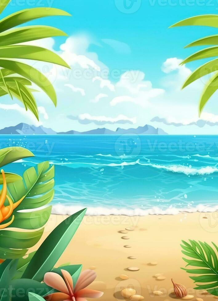 strand met palm bomen. mooi zomer strand met tropisch planten. ai gegenereerd foto