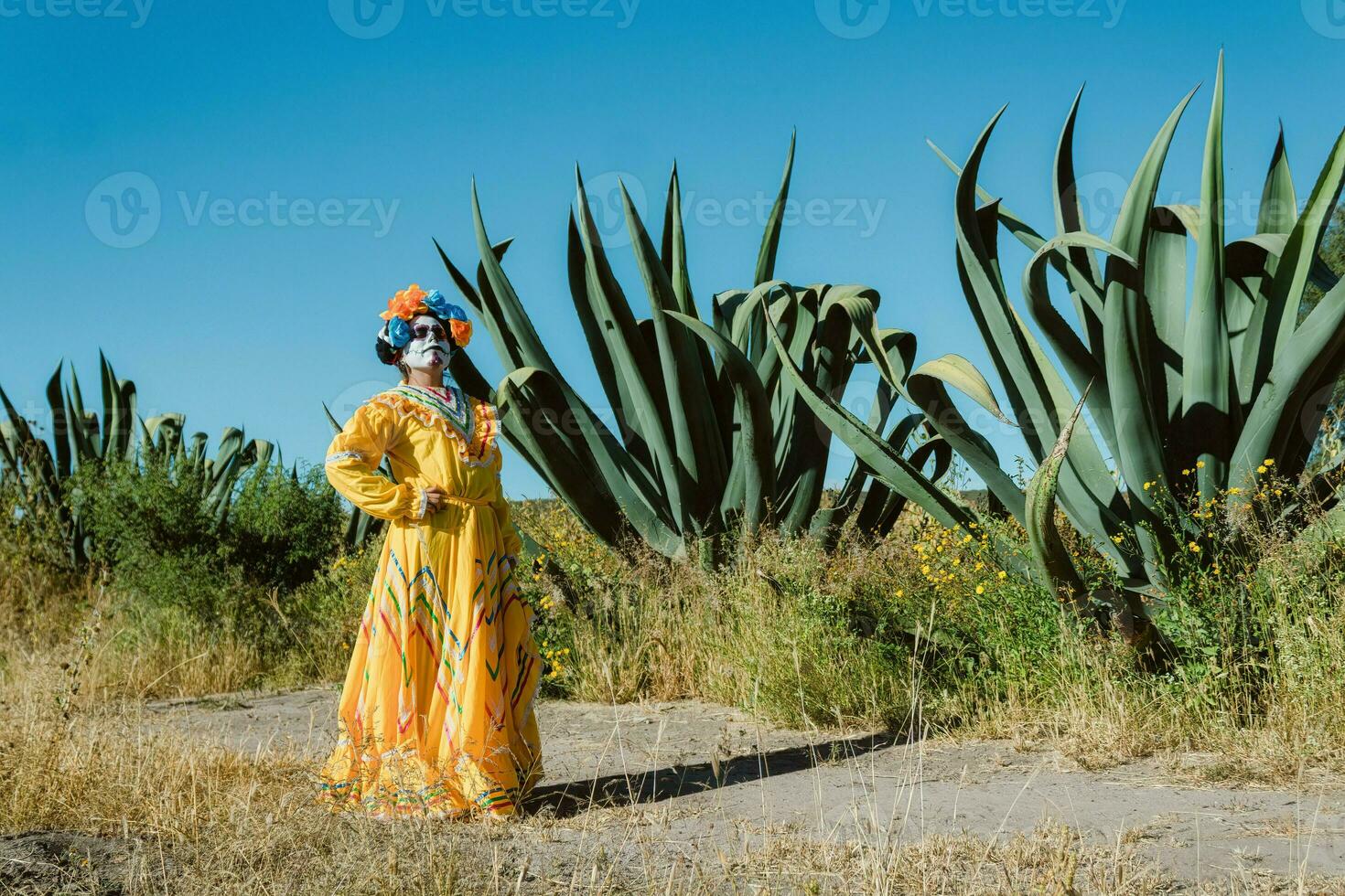 Mexicaans vrouw in kleurrijk jurk en schedel bedenken in de Mexicaans woestijn cactus foto