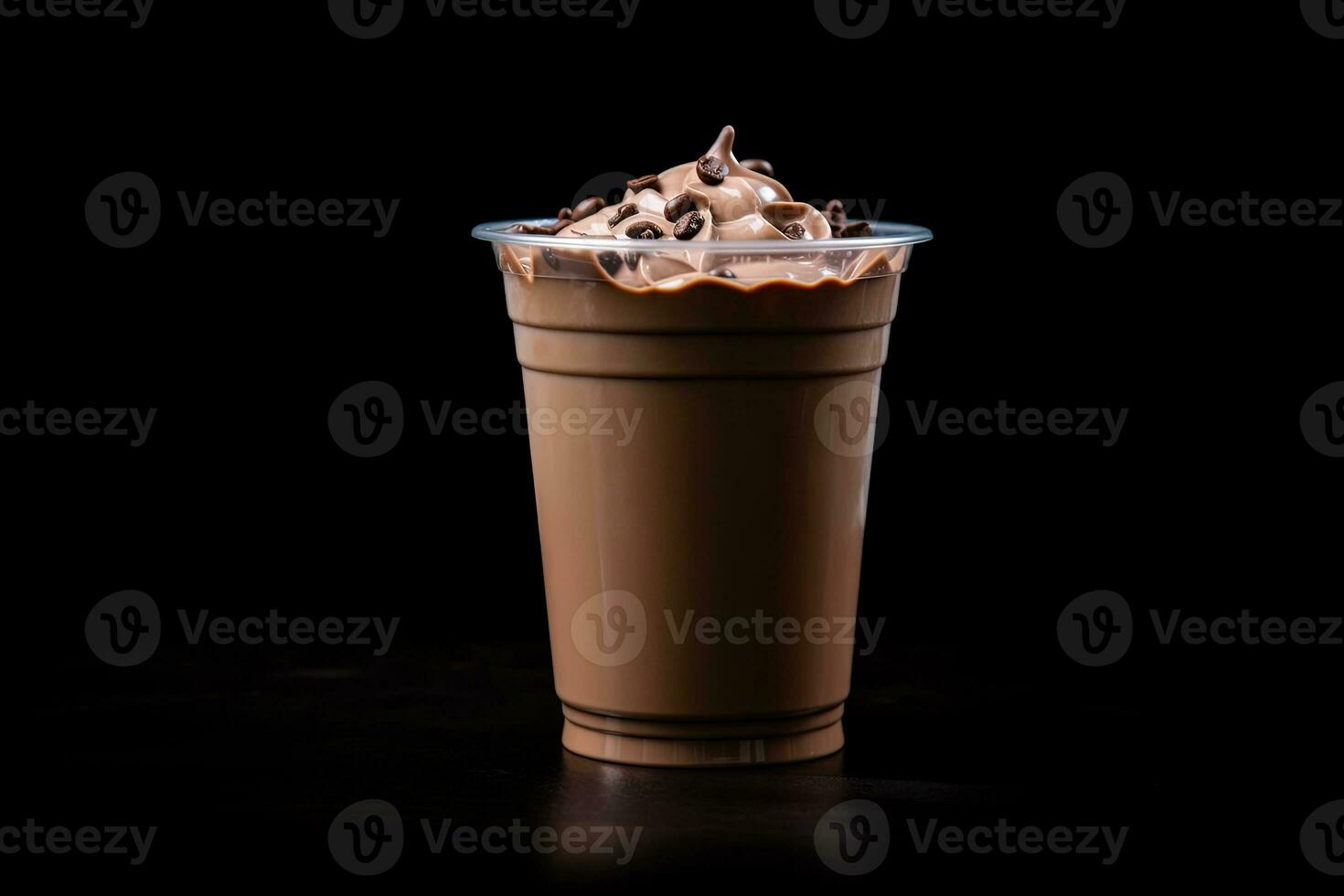 chocola milkshake in plastic meenemen kop geïsoleerd Aan zwart achtergrond. ai gegenereerd foto