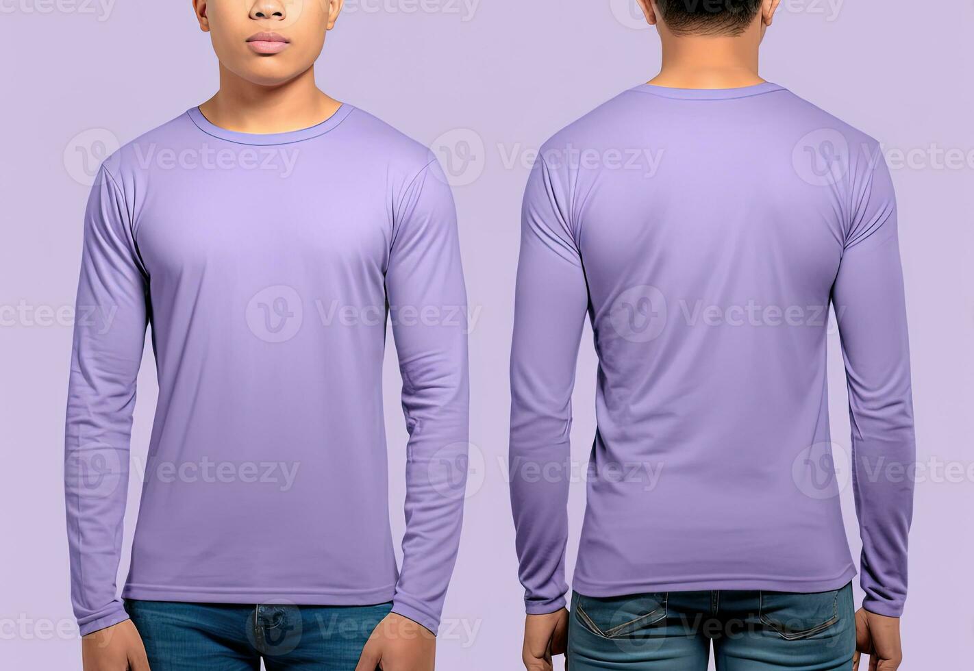 Mens vervelend een Purper t-shirt met lang mouwen. voorkant en terug visie. ai gegenereerd foto