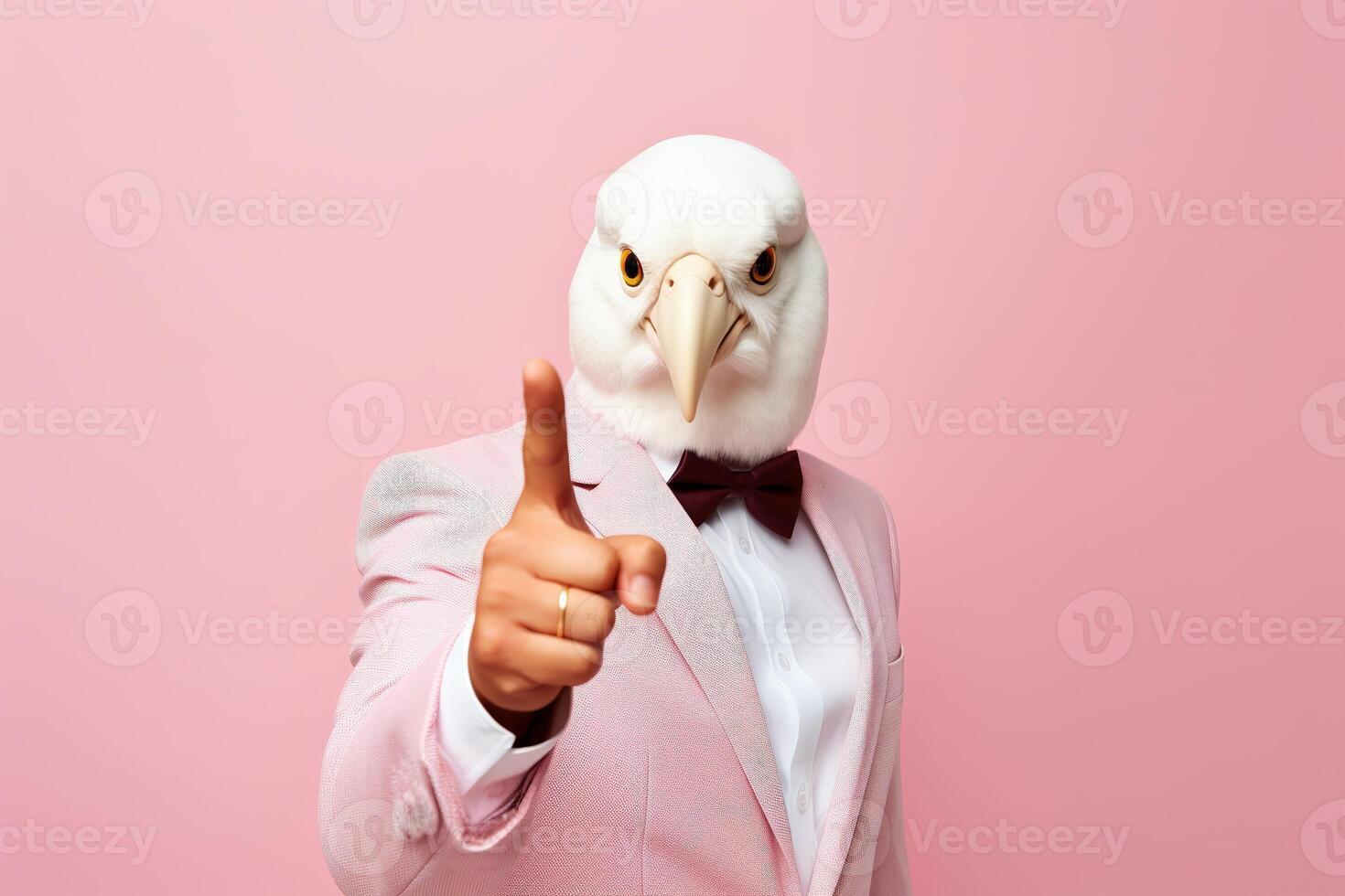 persoon met een masker Mens vervelend wit pak en grappig duif vogel masker. ai generatief foto