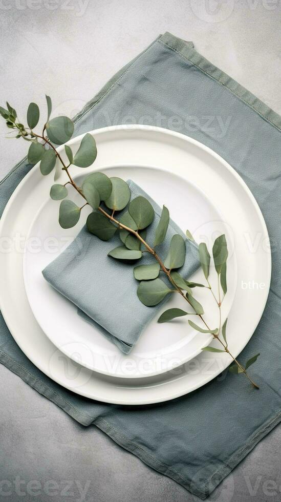 plaats instelling voor diner. elegant tafel versierd met eucalyptus takken. ai gegenereerd foto