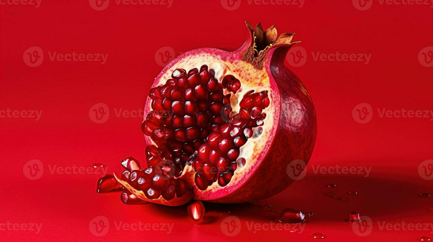 granaatappel Aan een rood achtergrond. gebroken rijp granaatappel fruit Aan een rood oppervlakte hoog oplossing. foto