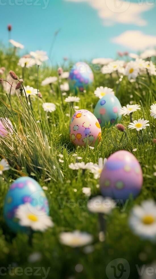 Pasen eieren Aan gras. voorjaar weide vol van bloemen en Pasen eieren nog steeds leven. foto