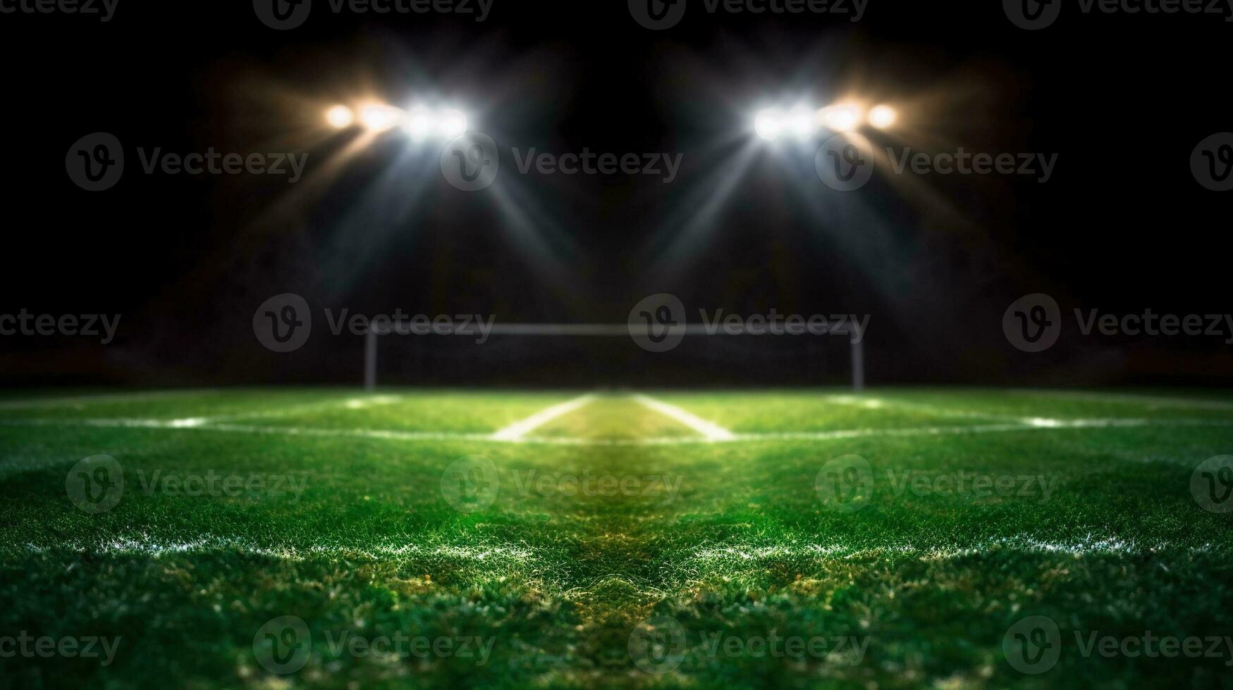 stadion lichten in de nacht. groen voetbal veld- helder schijnwerpers nog steeds leven. ai gegenereerd foto