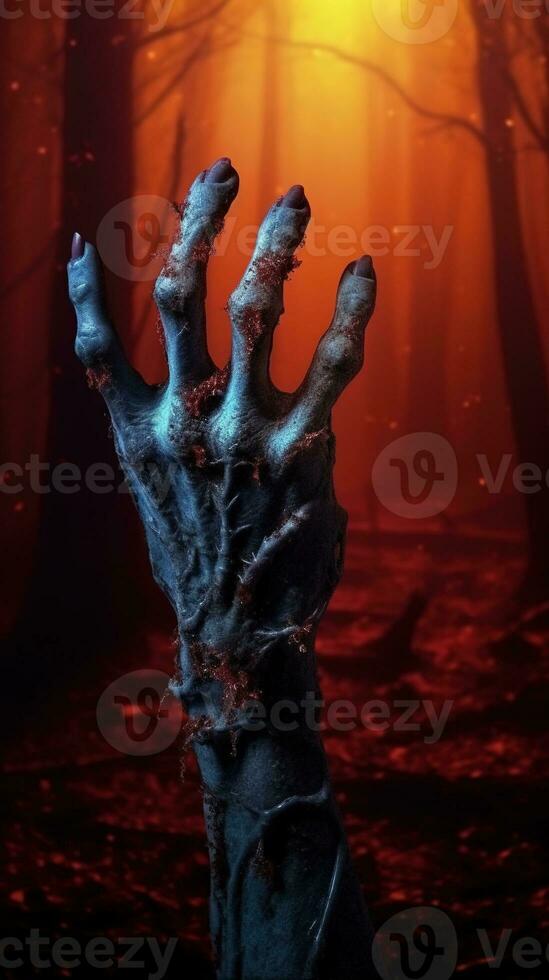 zombie hand. halloween achtergrond met zombie hand. ai gegenereerd foto