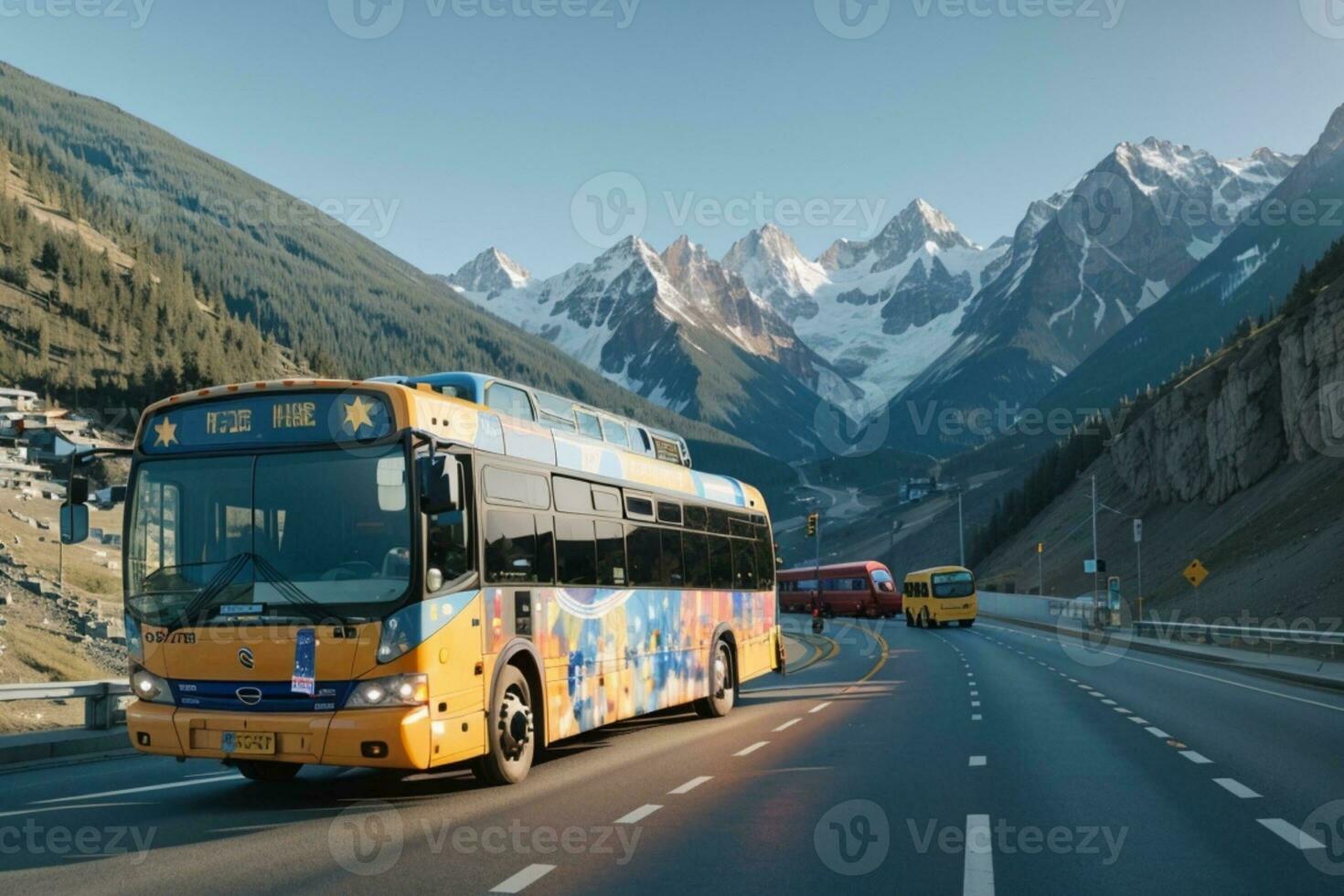 een weg reis geel bus gestopt Aan de weg foto