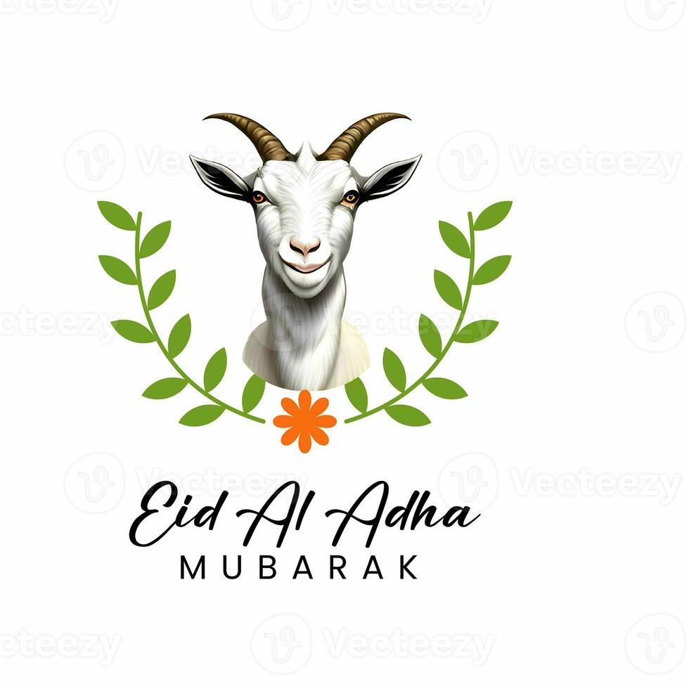 eid-al-adha mubarak- Islamitisch eid vakantie achtergrond.eid al adha groet kaart. dieren naar offer voor moslim eid-ul-adha geit met groen bladeren en oranje bloem portret 3d illustratie foto