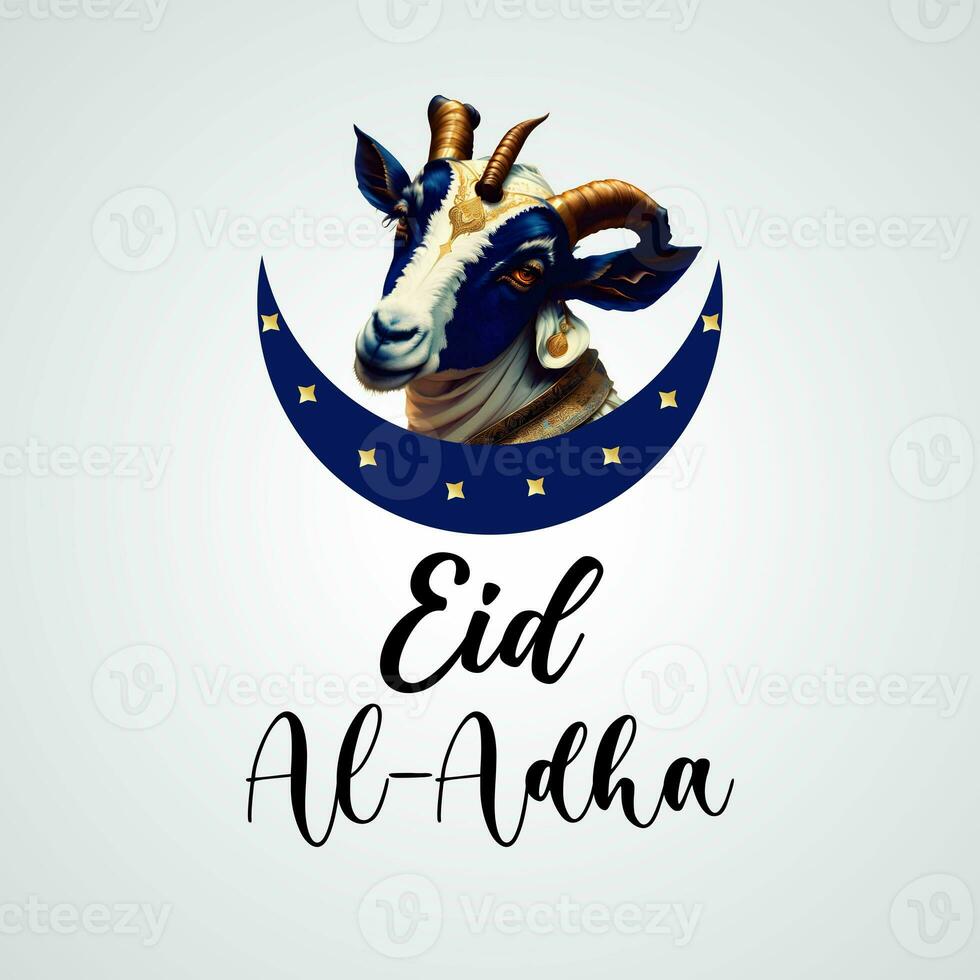 eid ul adha mubarak poster sociaal media post.islamitisch eid vakantie, eid groet. een geit gezicht met een blauw maan en gouden sterren met eid ul adha typografie met wit helling achtergrond foto