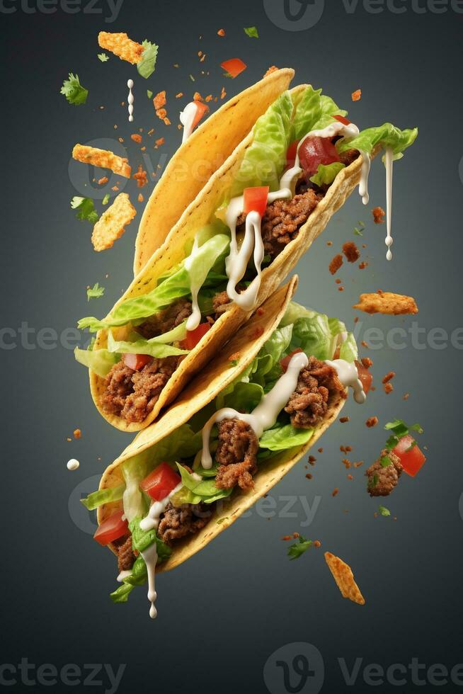 generatief ai illustratie van vliegend taco's voor voedsel reclame, blanco achtergrond foto