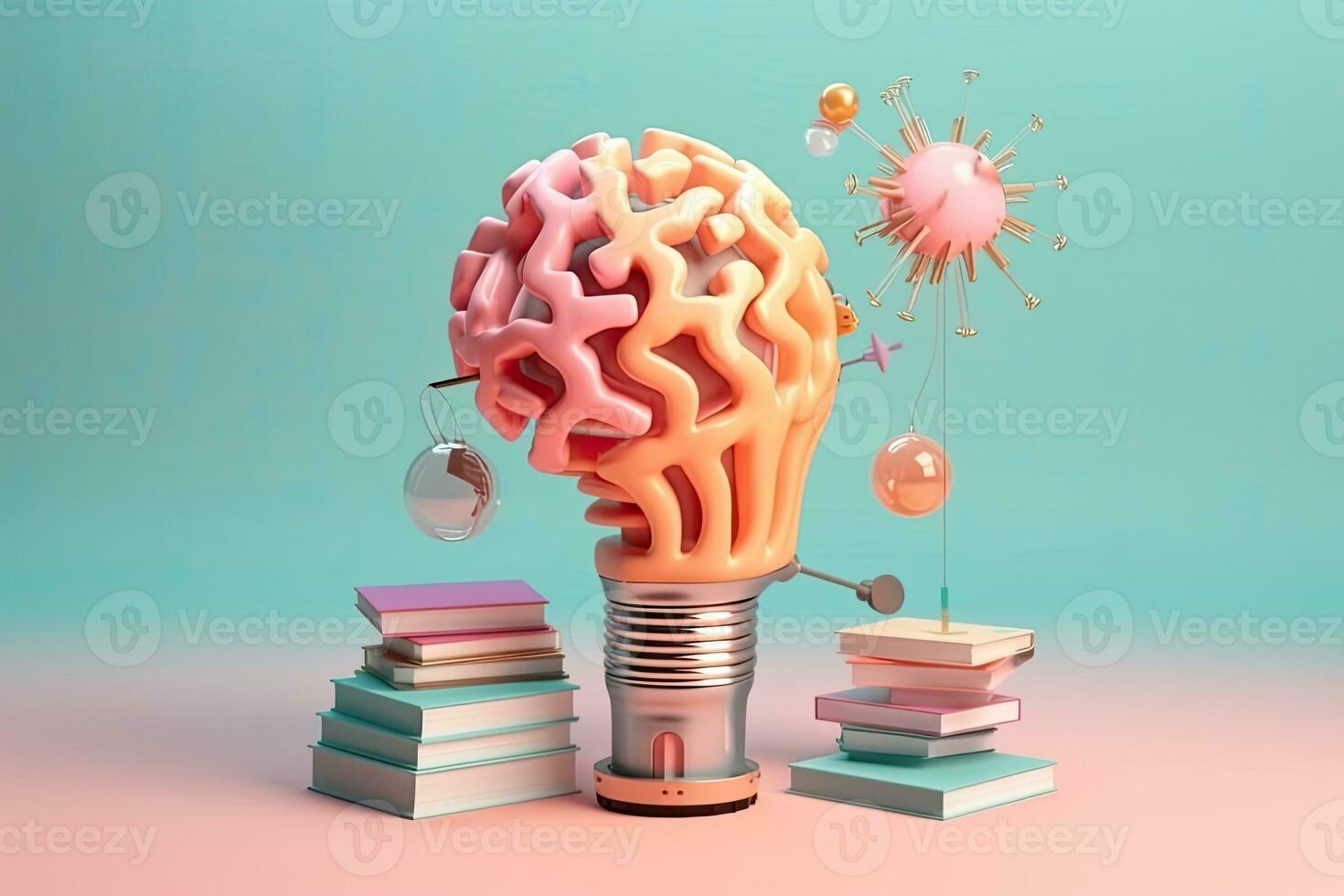 generatief ai illustratie van hersenen met een onderwijs ideeën, nieuw ontdekkingen en wetenschappelijk uitvindingen, boeken, lamp, uitrusting wielen, puzzel Aan helder achtergrond foto
