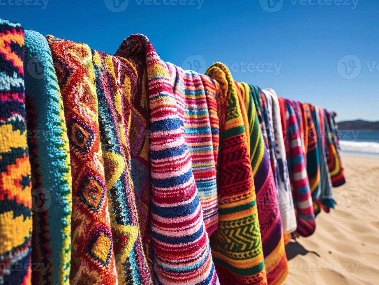 zonnig kalmte - een kust- Kledinglijn tafereel - ai gegenereerd foto