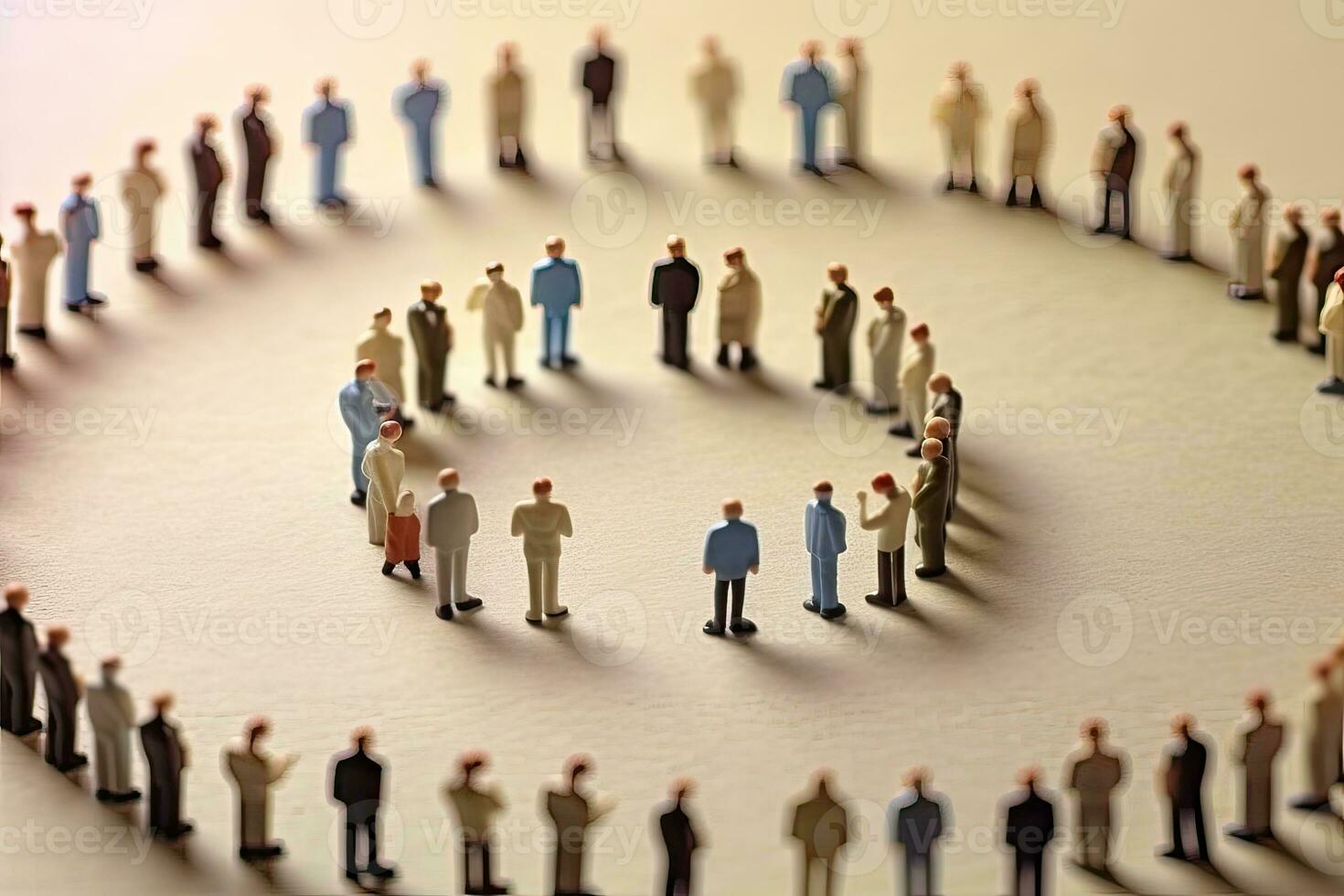 generatief ai illustratie van miniatuur mensen in cirkel sociaal netwerk foto